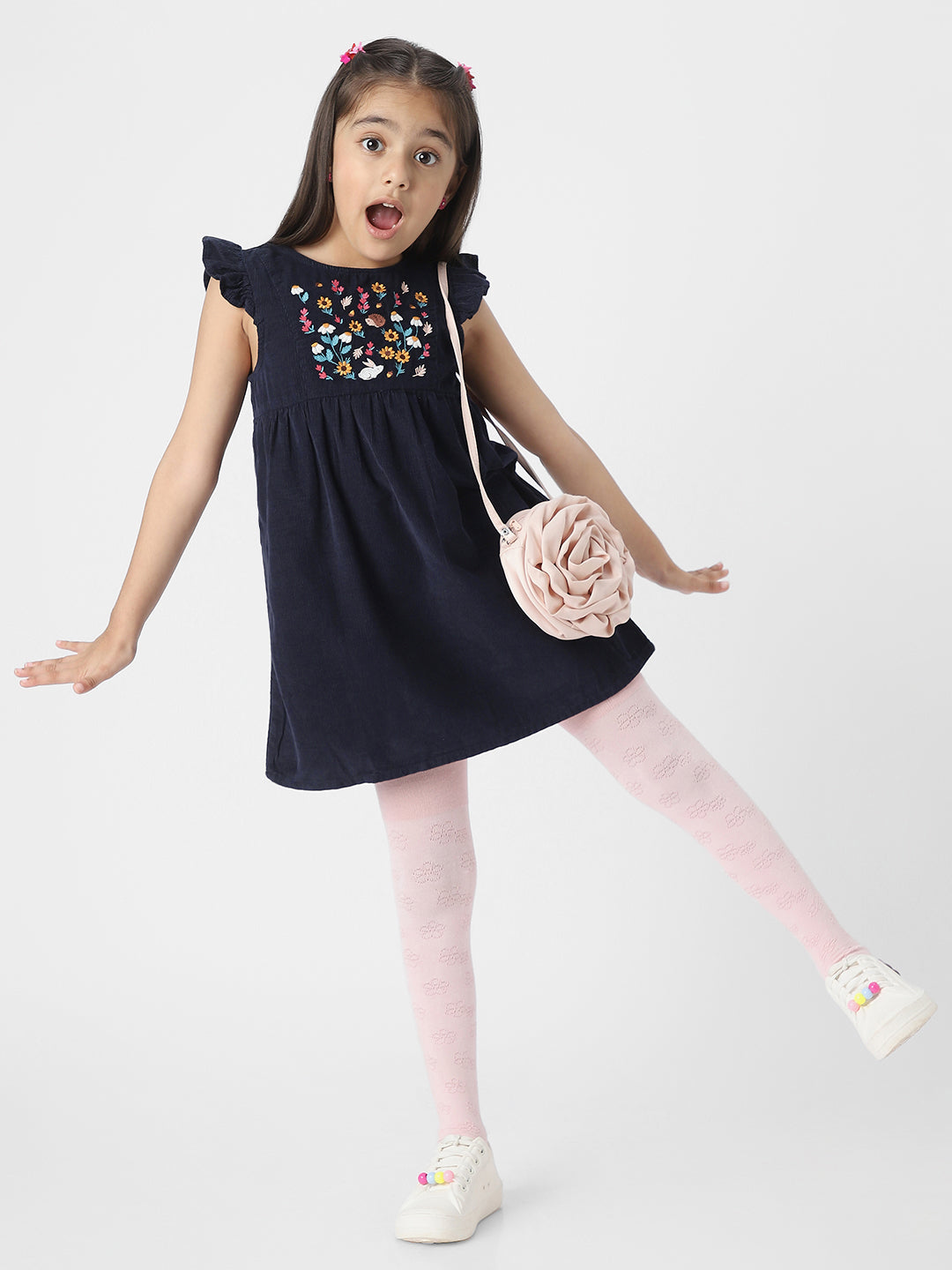 FLORAL EMBROIDERD FLUTTER SLEEVED DRESS