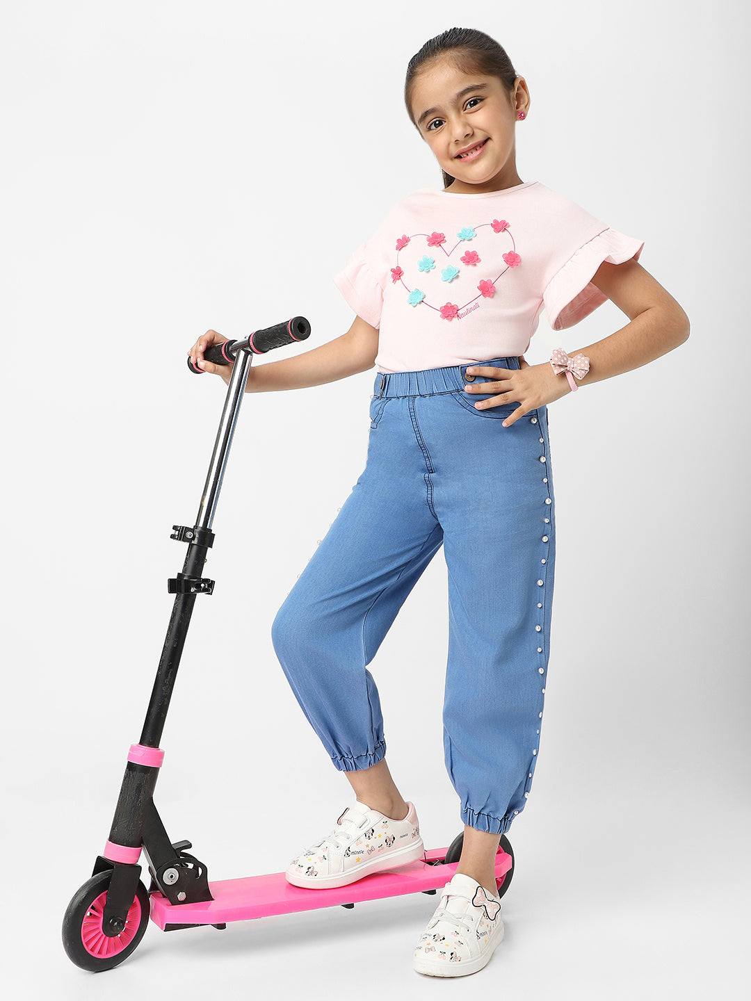 Nautinati Girls' Cotton Denim Jogger Jeans with Pearl Sequins