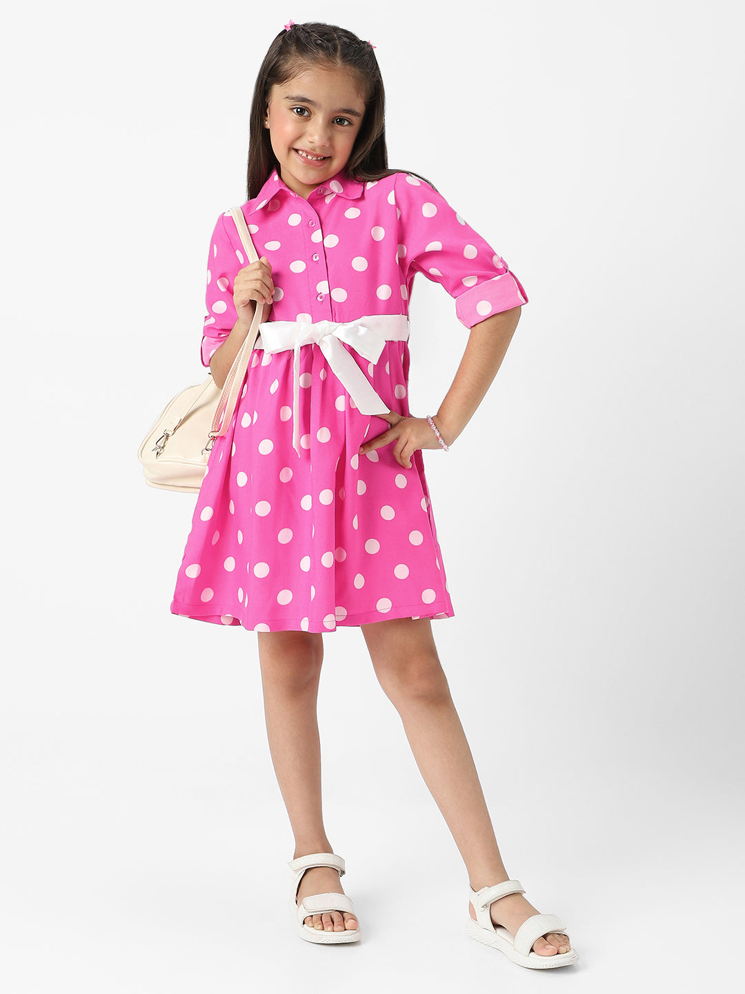 Nautinati Girls Polka Printed Shirt Dress with Satin Tie-up