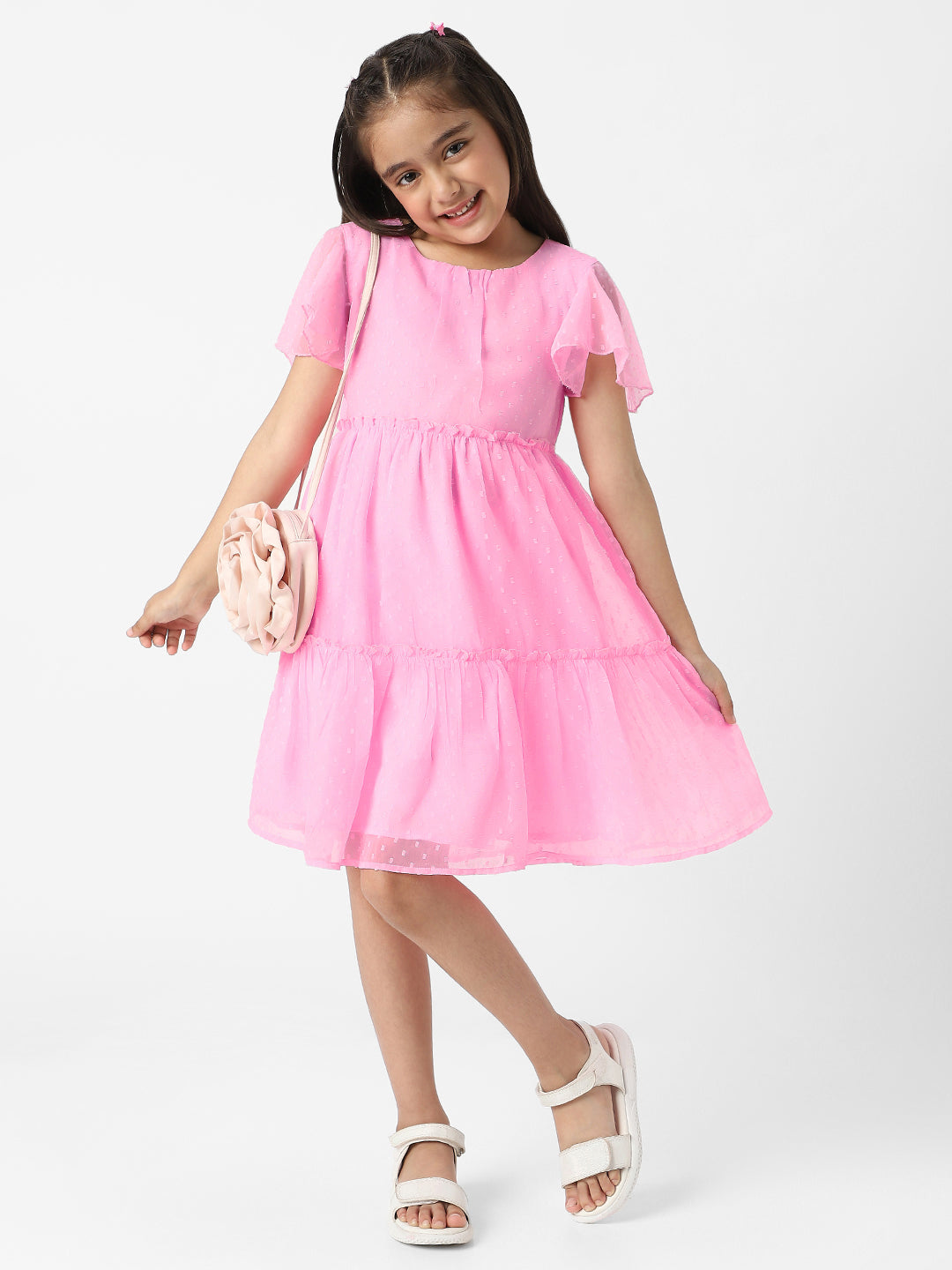 Nautinati Girls Textured Fabric Swiss Dot Tiered Dress