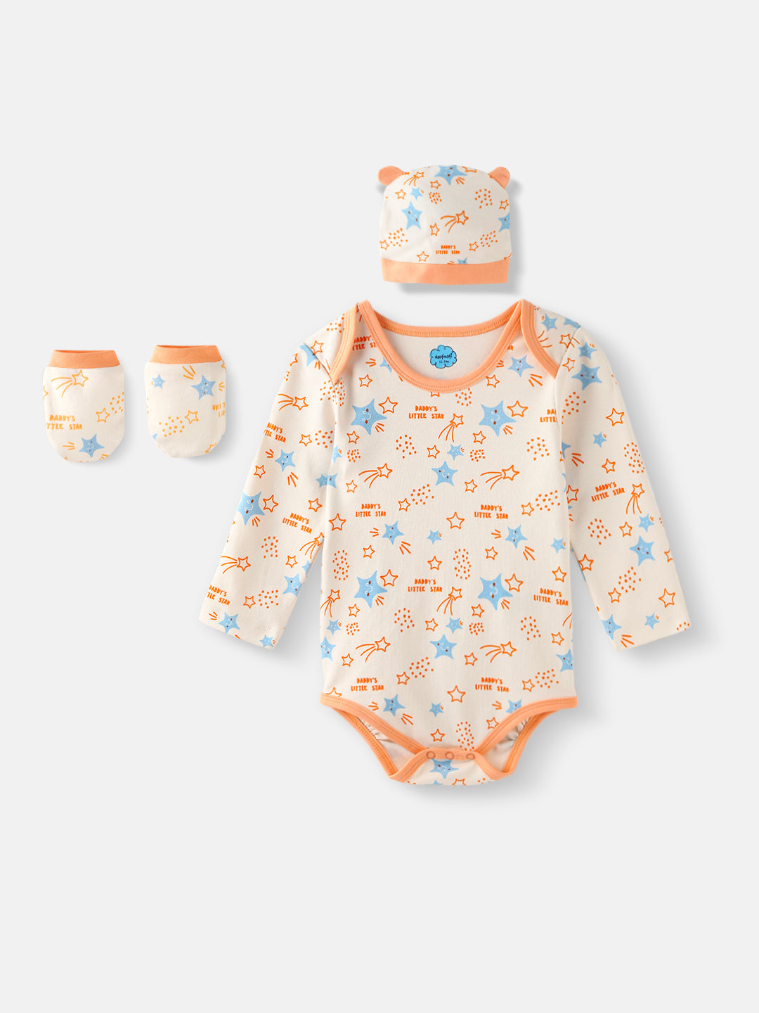 Nautinati Infant's Soft Cotton Star Print Bodysuit With Mittens and Beanie