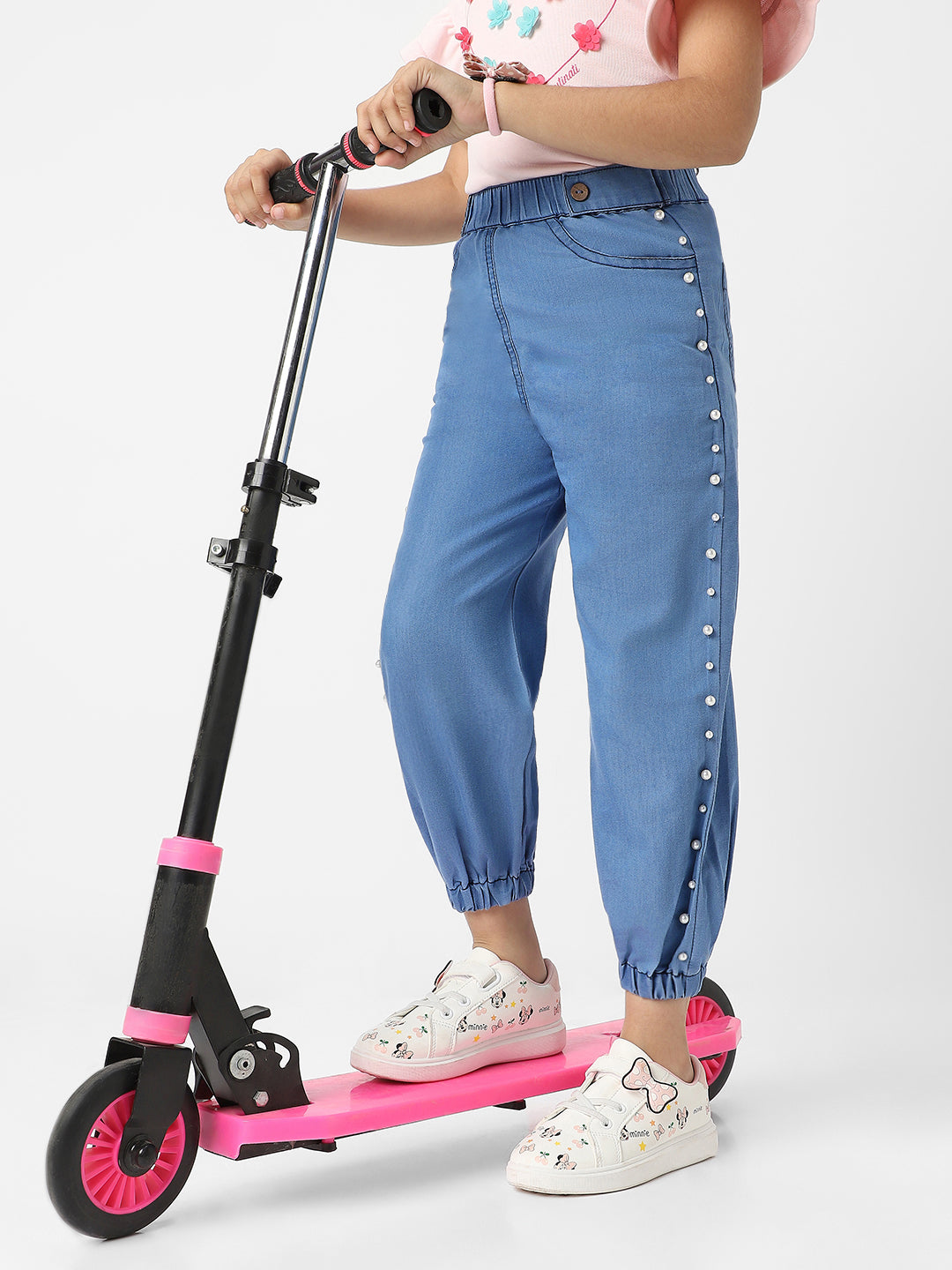 Nautinati Girls' Cotton Denim Jogger Jeans with Pearl Sequins