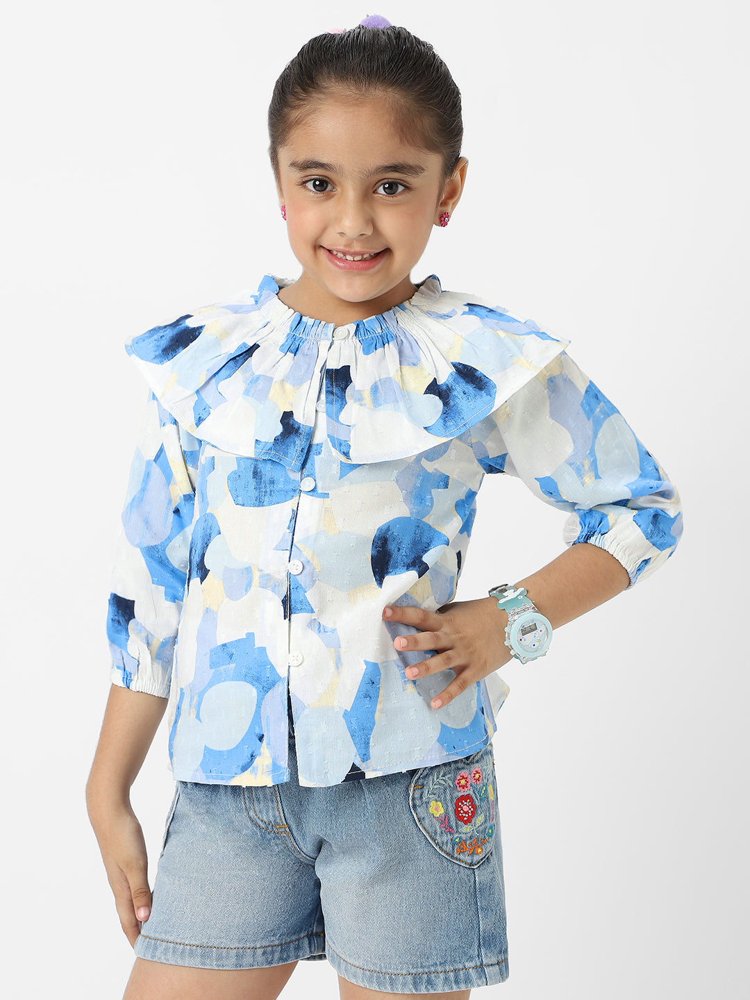 Nautinati Girls' Cotton Swiss Dot Top With Stylised Neckline