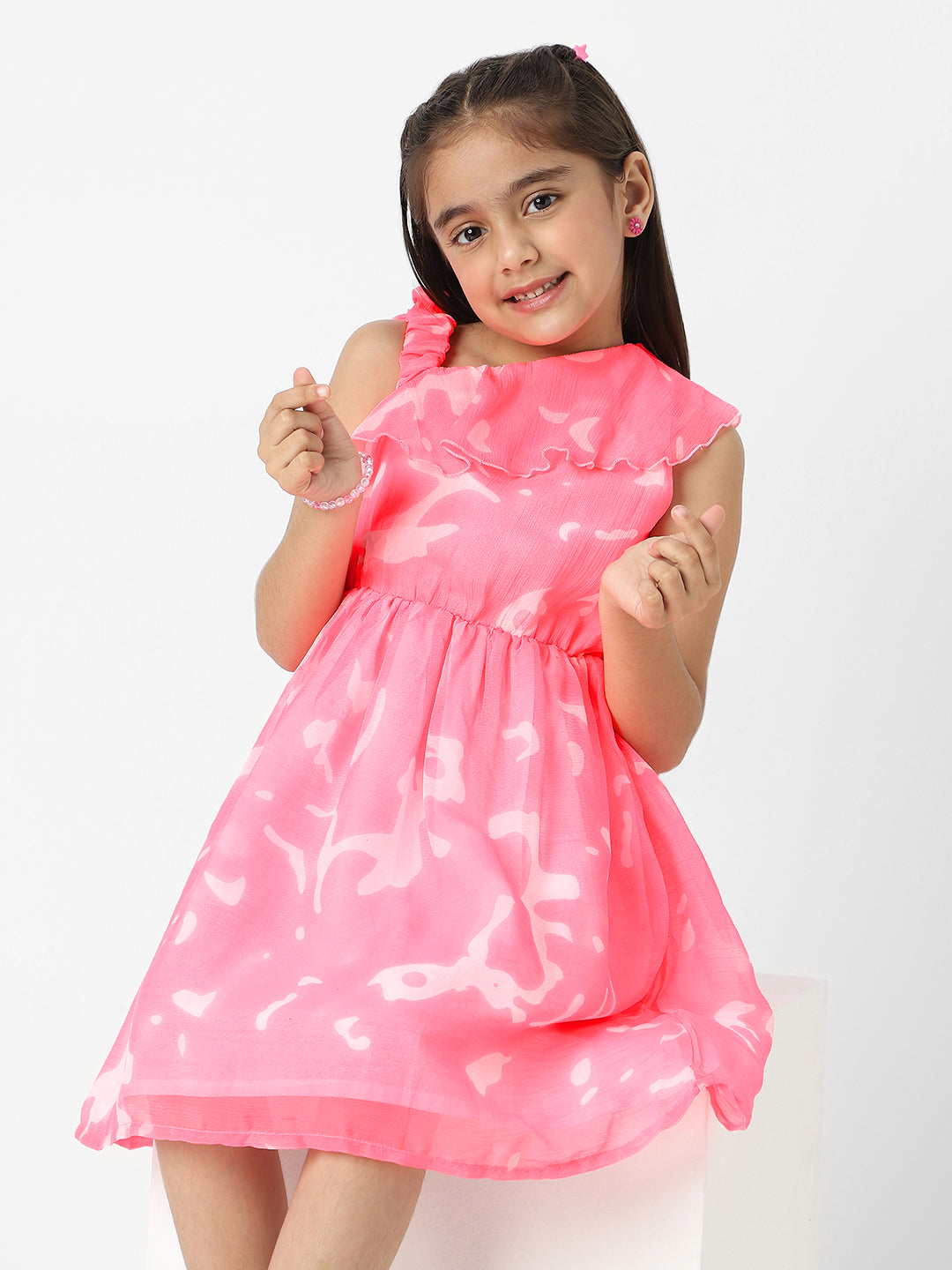 Nautinati Girls Chiffon All Over Printed Strap Sleeve Frill Dress
