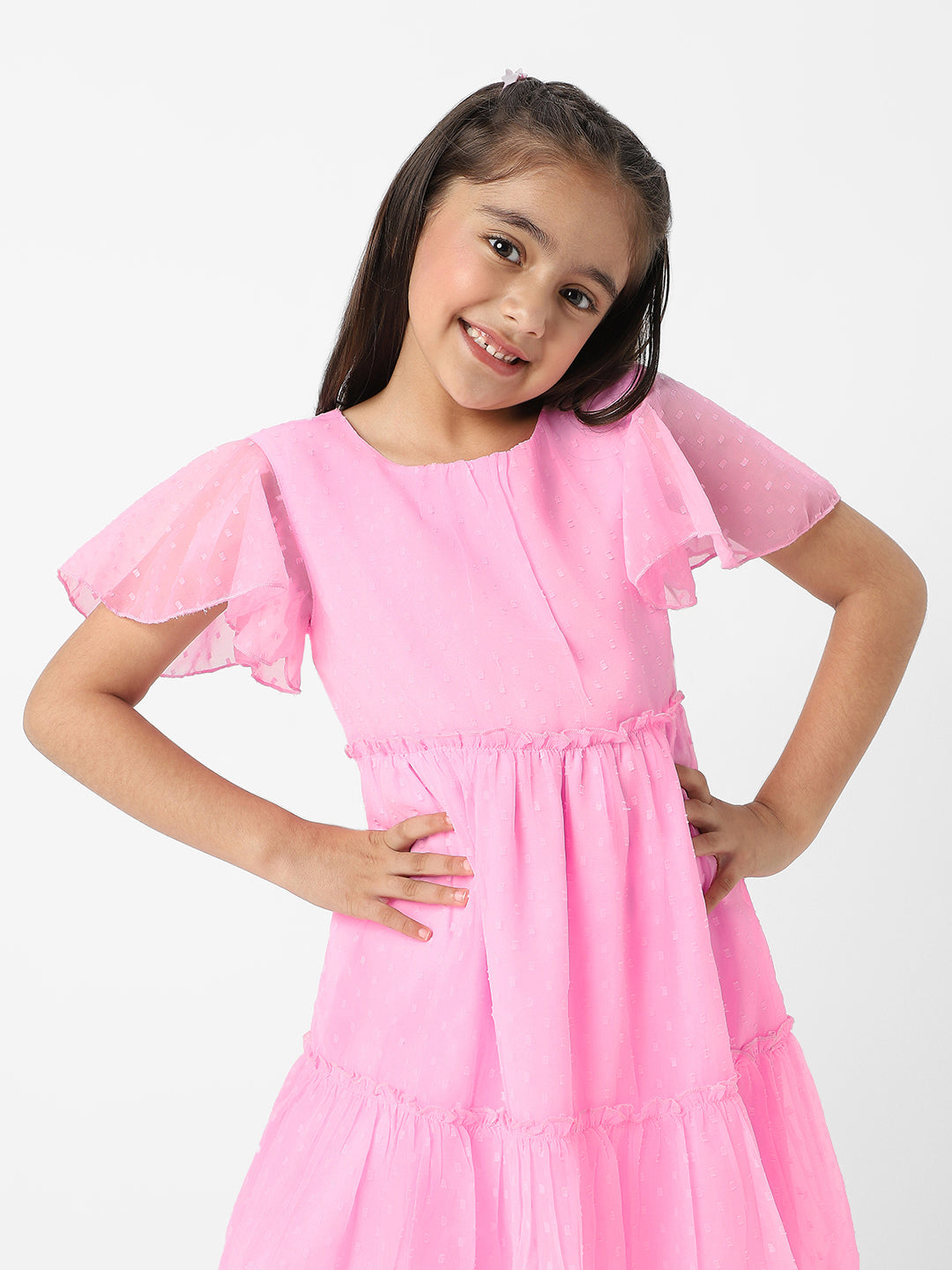 Nautinati Girls Textured Fabric Swiss Dot Tiered Dress