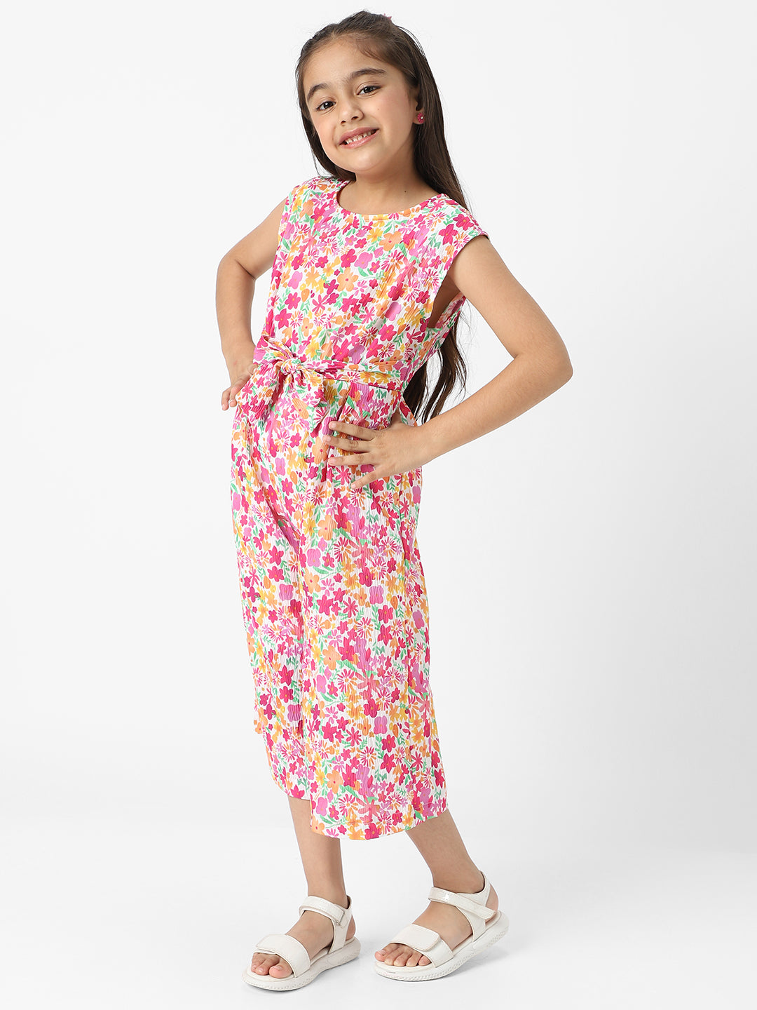 Nautinati Girls' Crepe Cotton Textured Fabric Floral Jumpsuit with Matching Tie-up Belt
