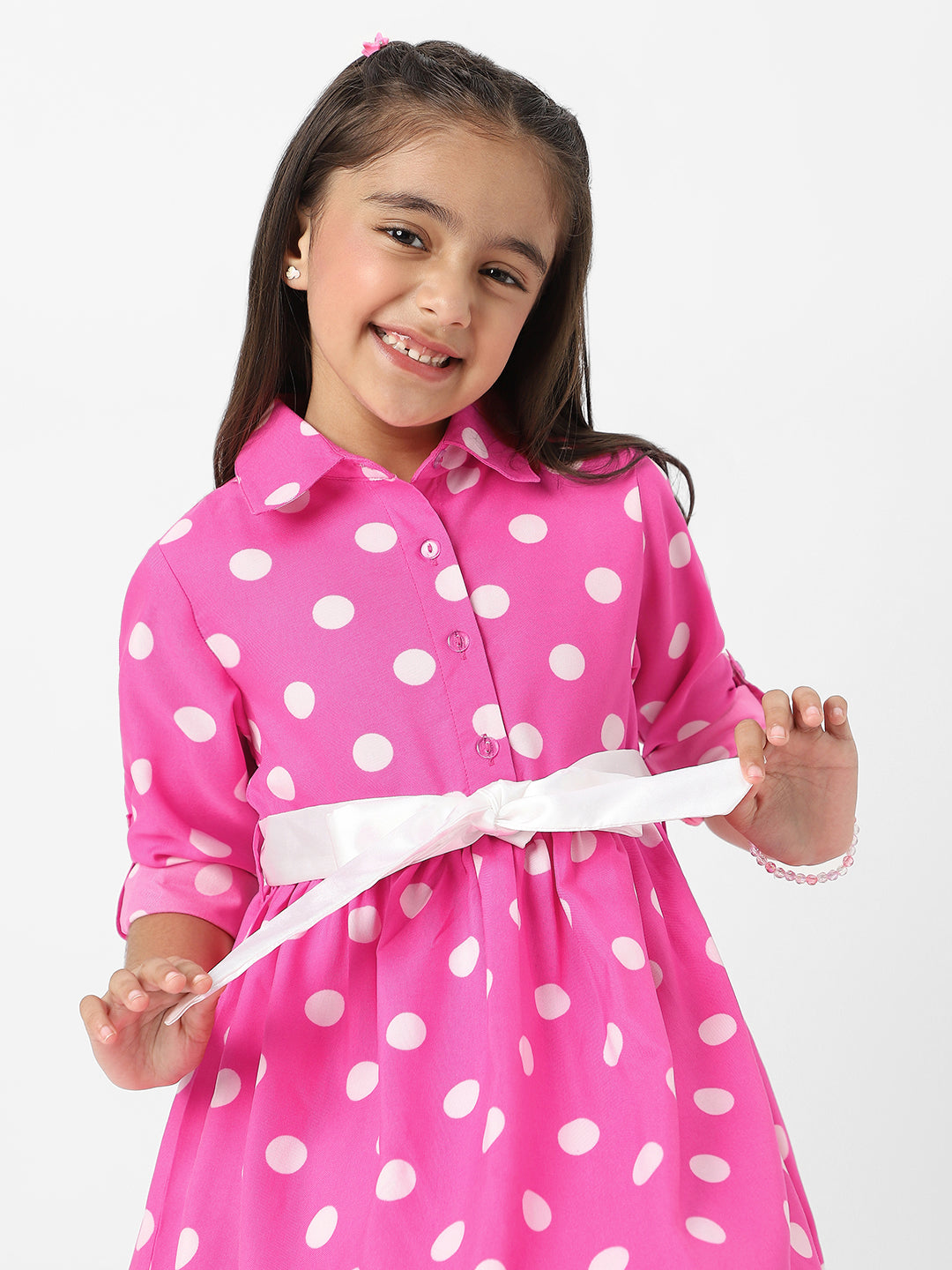 Nautinati Girls Polka Printed Shirt Dress with Satin Tie-up