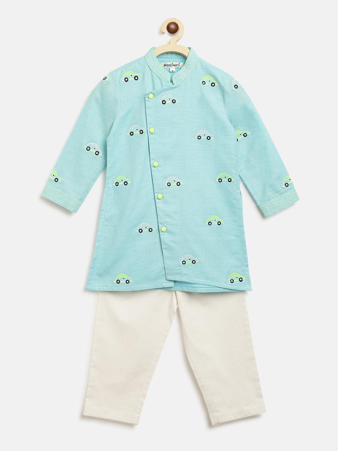 Nautinati Boys Blue Off-White Embroidered Kurta With Pyjamas