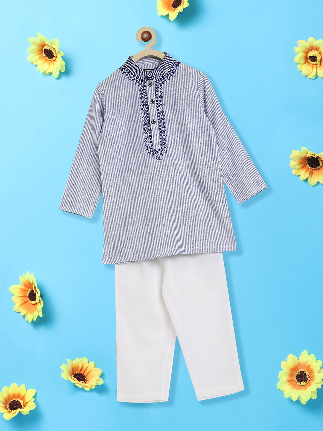 Nautinati Boys Blue Embroidered Layered Thread Work Pure Cotton Kurta With Pyjamas