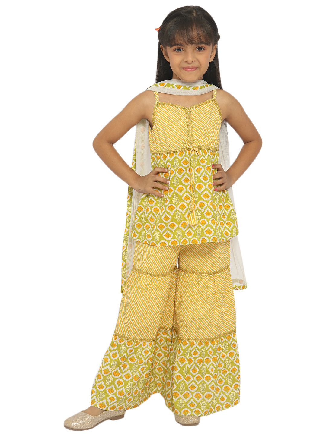 Nautinati Girls Ethnic Printed Pure Cotton Kurti With Sharara With Dupatta
