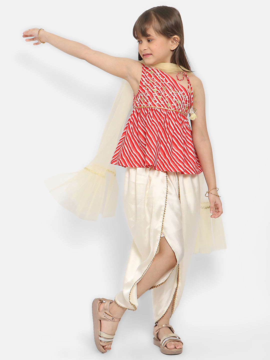 Nautinati Girls Leheriya Printed Pure Cotton Top With Dhoti Pants Dupatta
