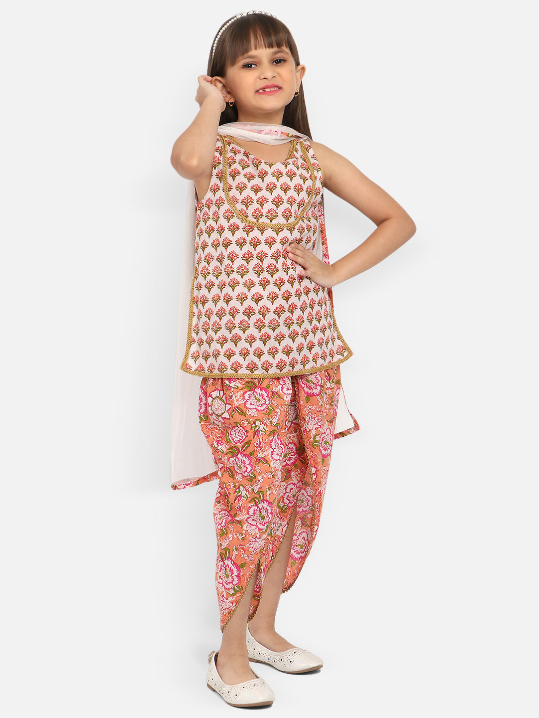 Nautinati Girls Floral Printed Gotta Patti Cotton Kurti With Dhoti Pants With Dupatta