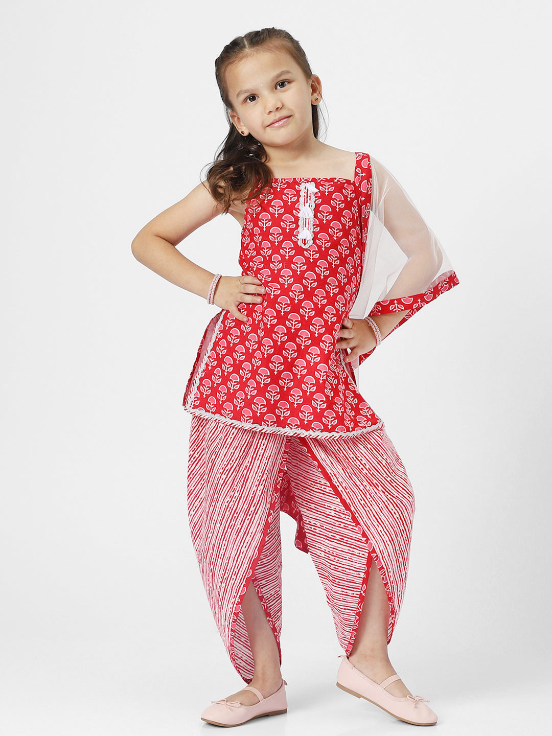 Nauti Nati Girls Floral Printed Pure Cotton Kurti with Dhoti Pants Dupatta