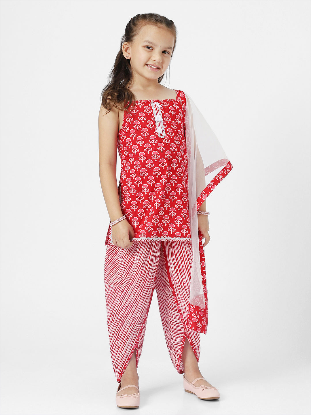 Nauti Nati Girls Floral Printed Pure Cotton Kurti with Dhoti Pants Dupatta