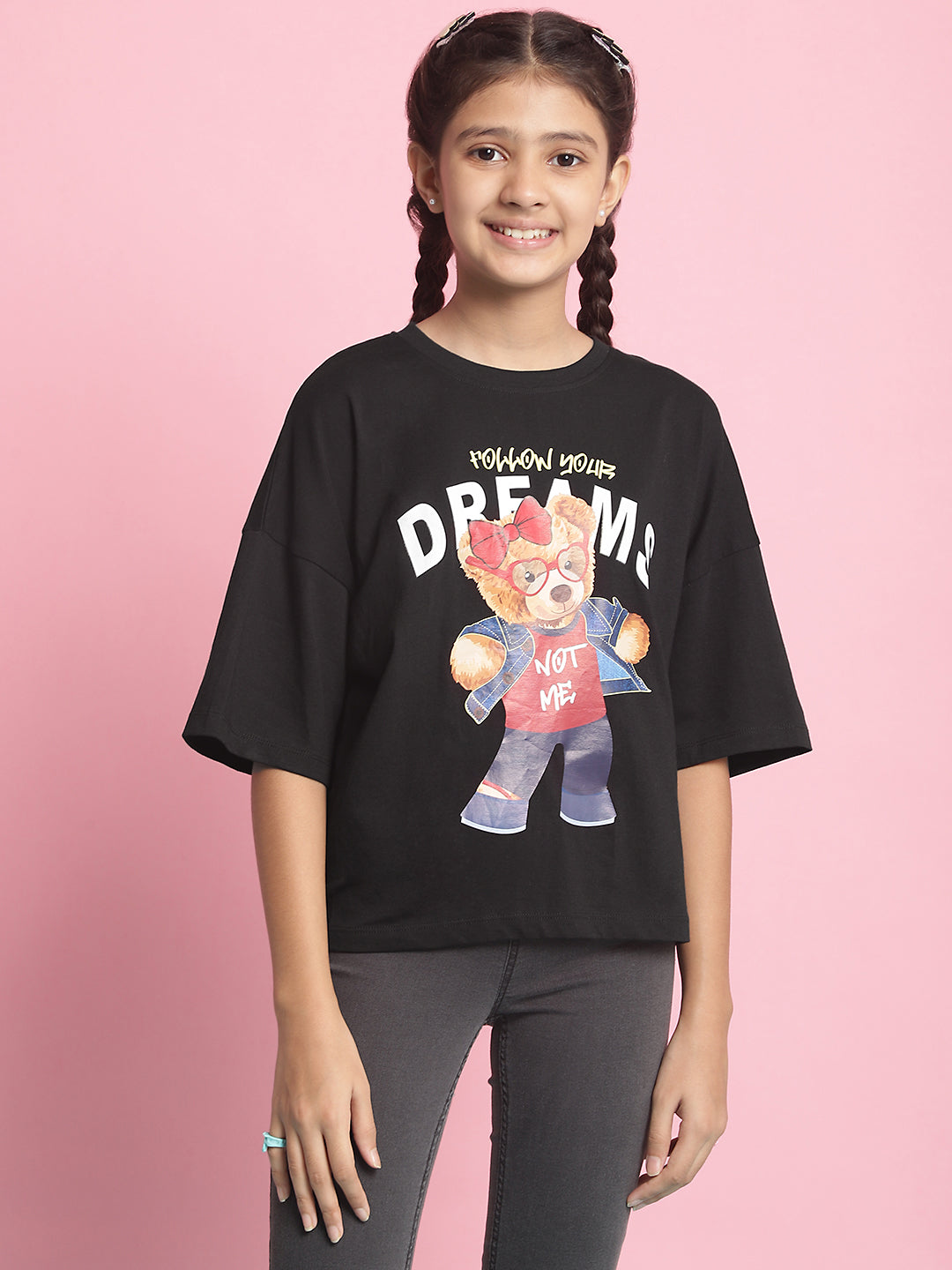 Natilene Girls Graphic Printed Drop Shoulder Sleeves Pure Cotton Top