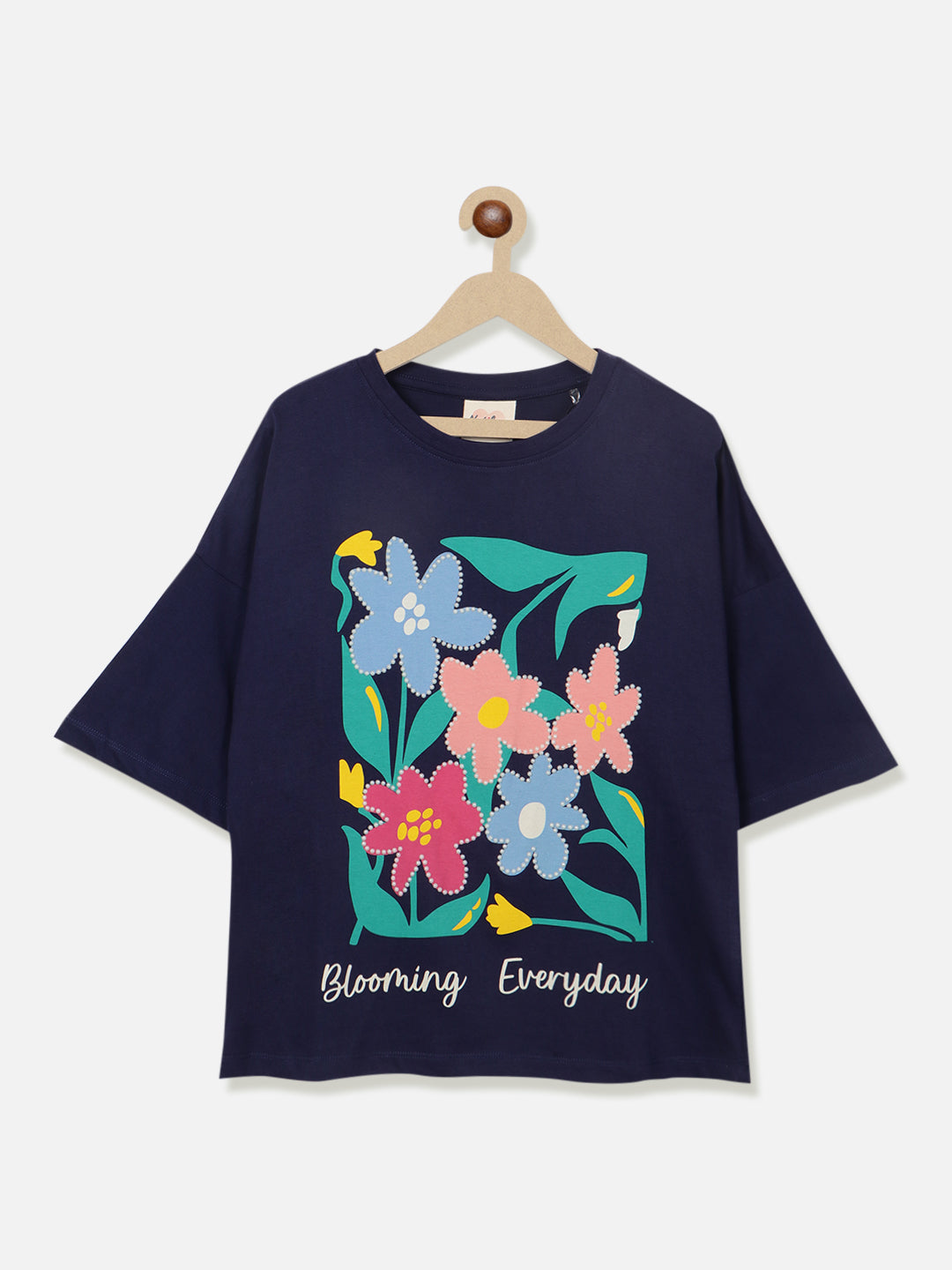 Girls Floral Printed Pure Cotton T-Shirt With Bead Work