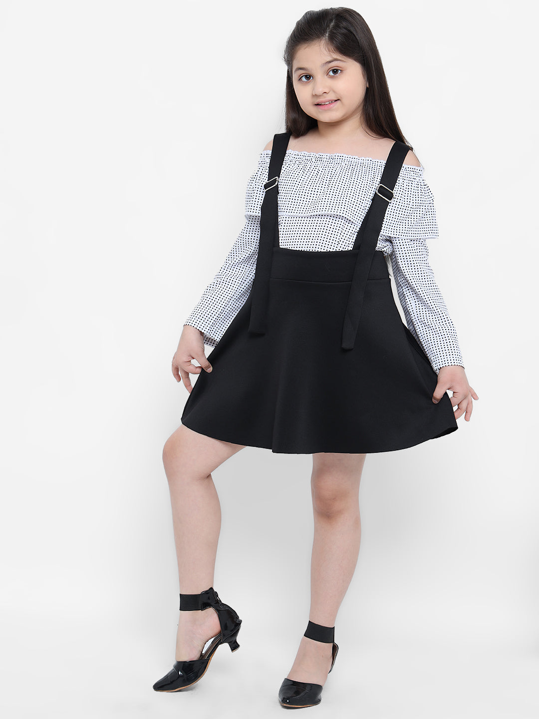 Natilene Girls Black White Checked T-Shirt With Skirt