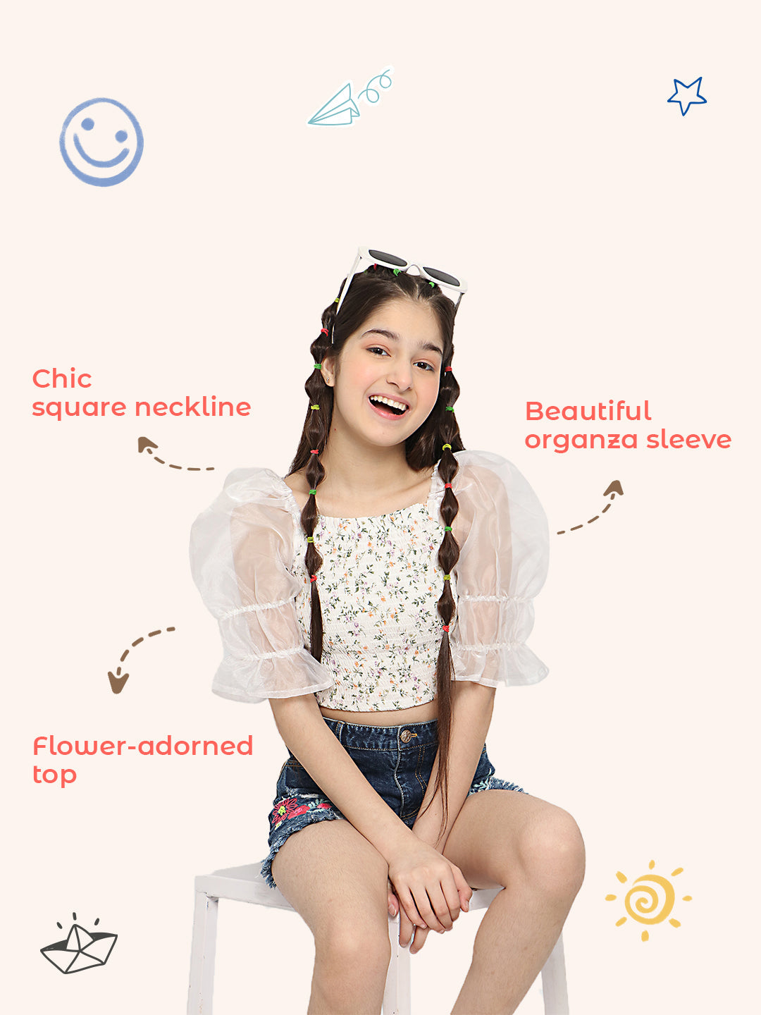 Natilene White Floral Print Crepe Blouson Crop Top