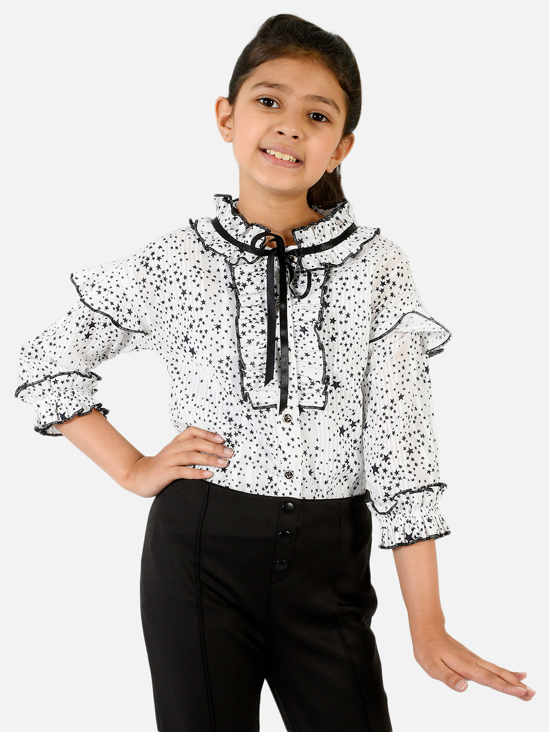 Natilene Girls White Black Star Print Tie-Up Neck Ruffles Top