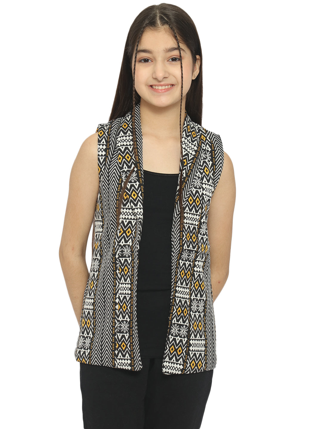 Natilene Girls White Black Sleeveless Pure Cotton Shrug