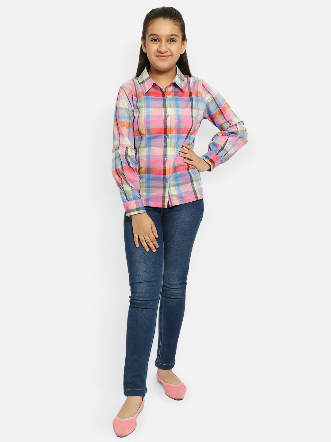 Natilene Girls Pink Standard Tartan Checked Pure Cotton Casual Shirt
