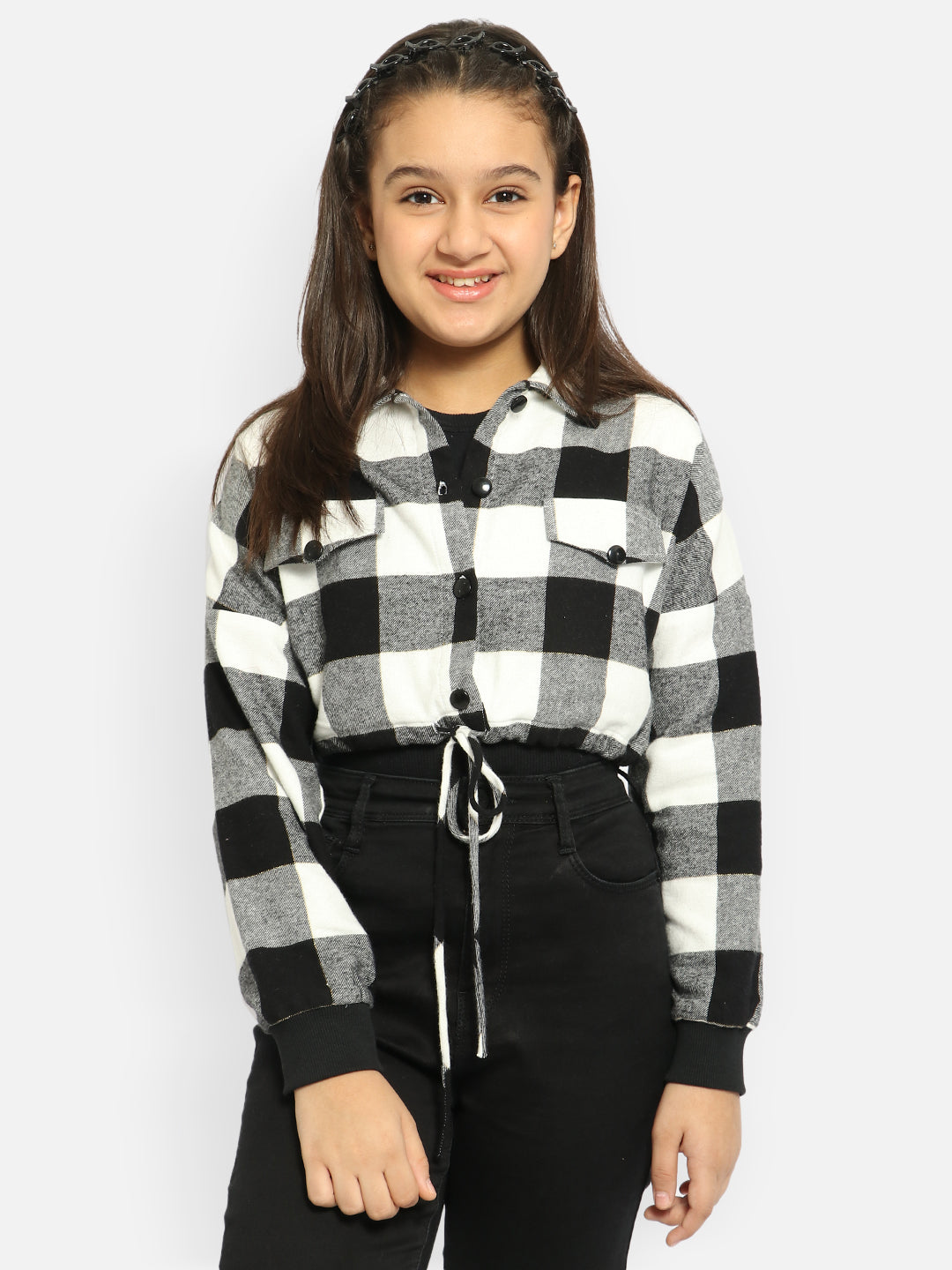 Natilene Girls Black White Checked Lightweight Crop Tailored Jacket