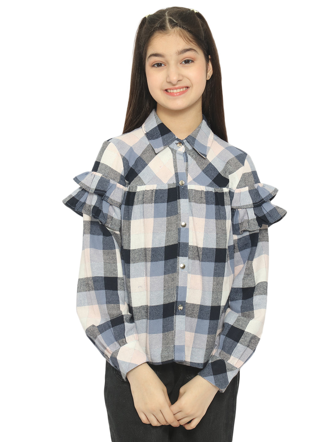 Natilene Girls White Grey Standard Checked Pure Cotton Casual Shirt