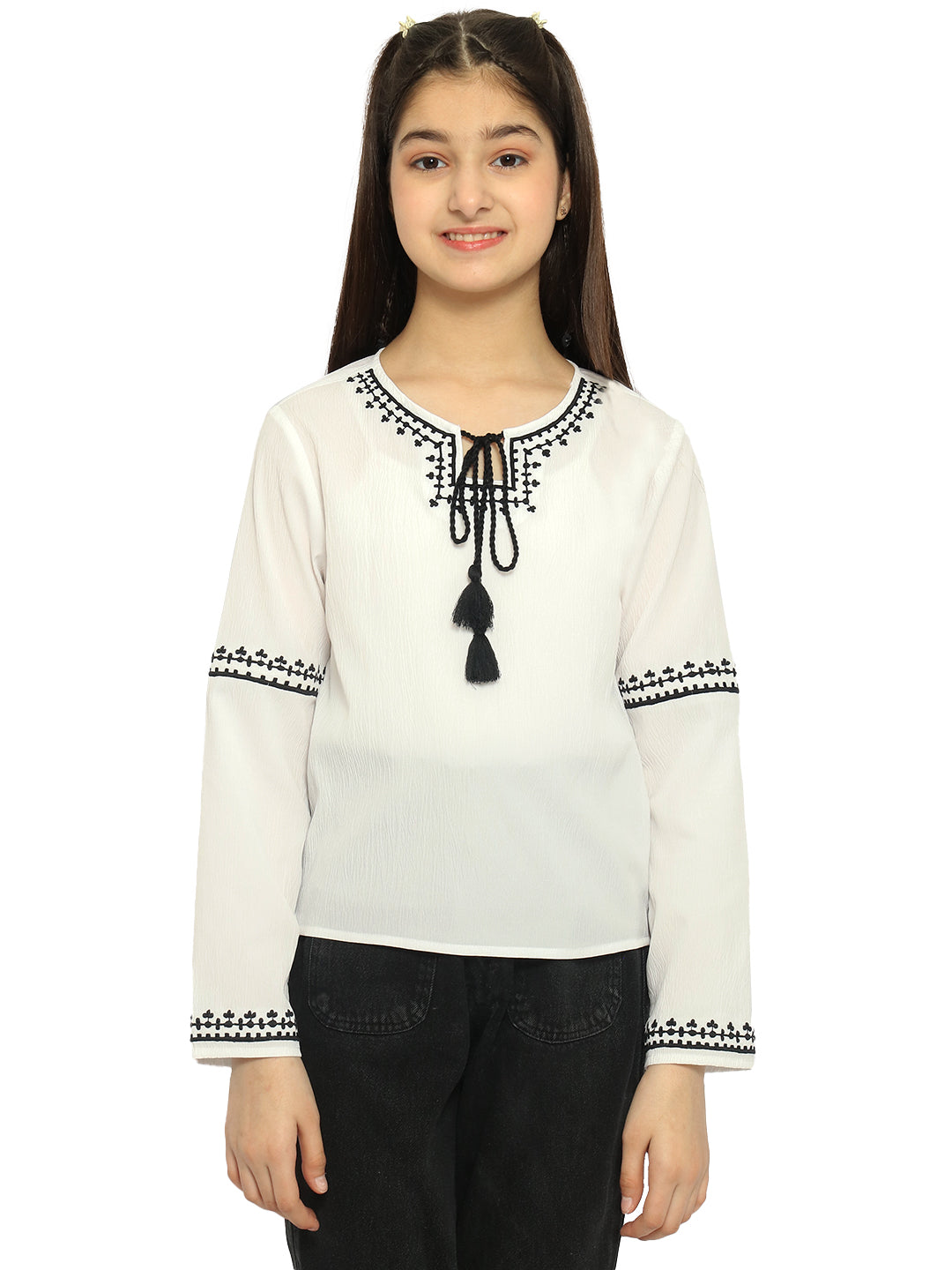 Natilene Embroidered Tie-Up Neck Top