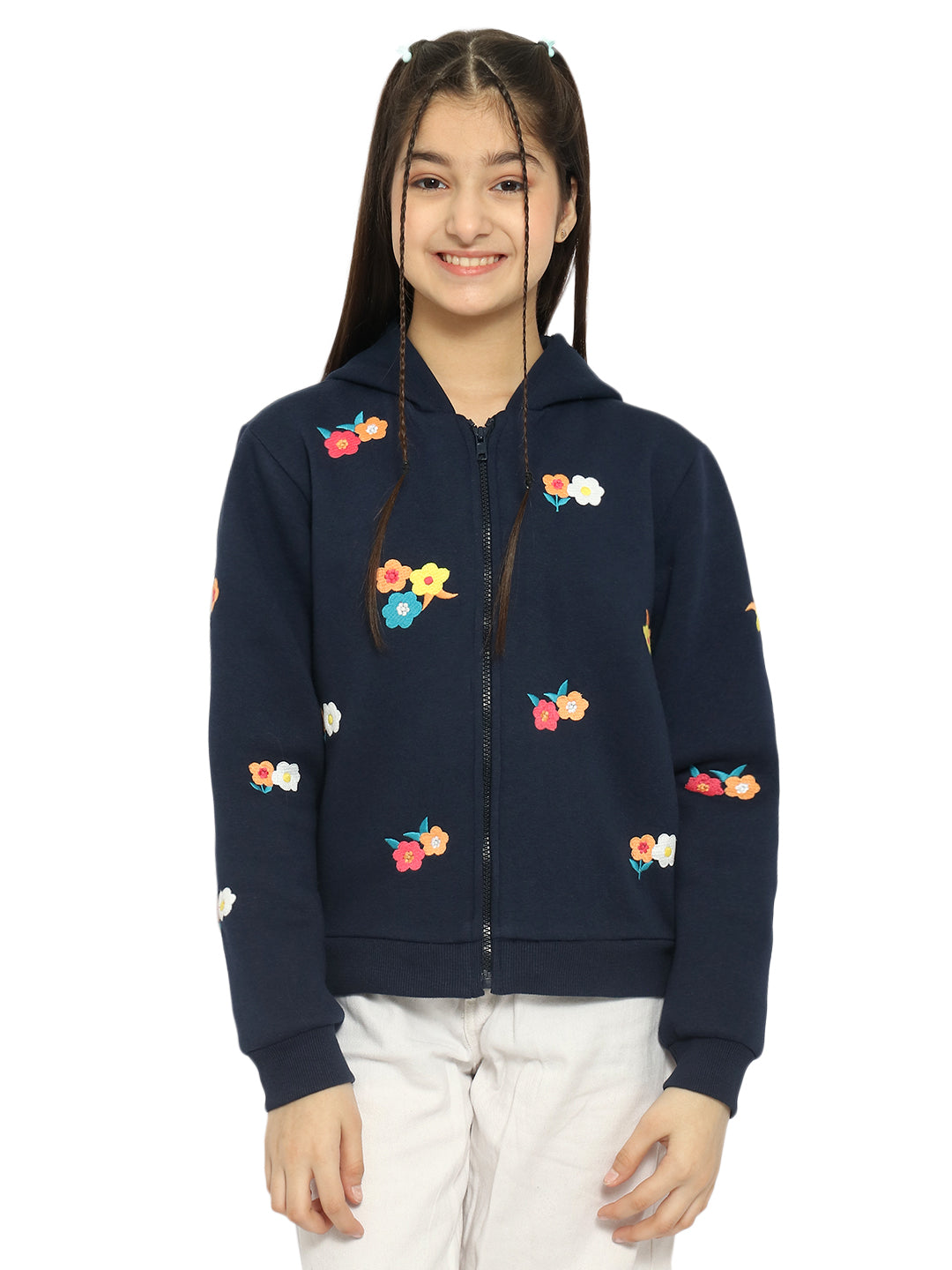 Natilene Girls Printed Front-Open Hooded Sweatshirt