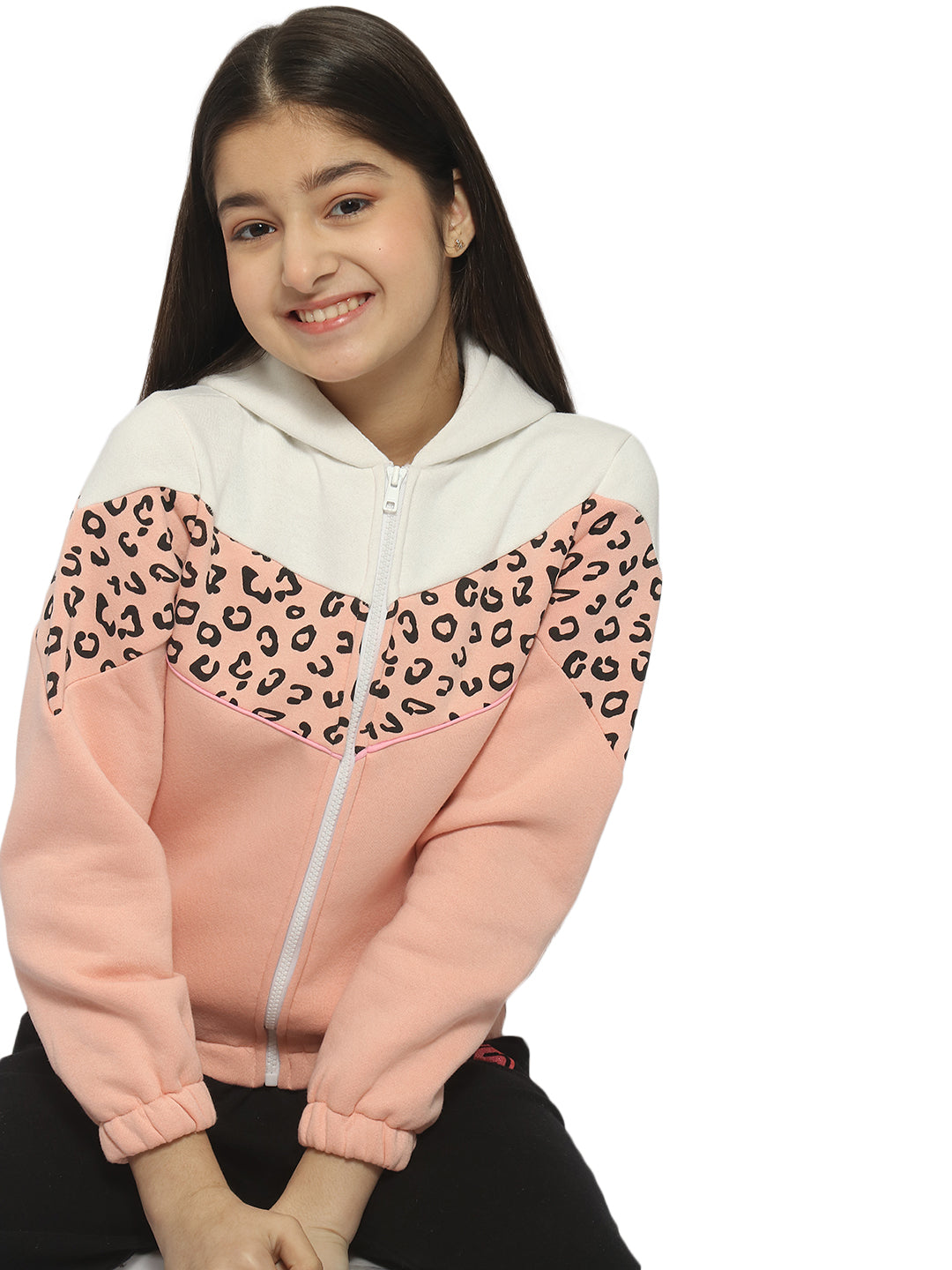 Natilene Girls White Peach Geometric Printed Hooded Sweatshirt