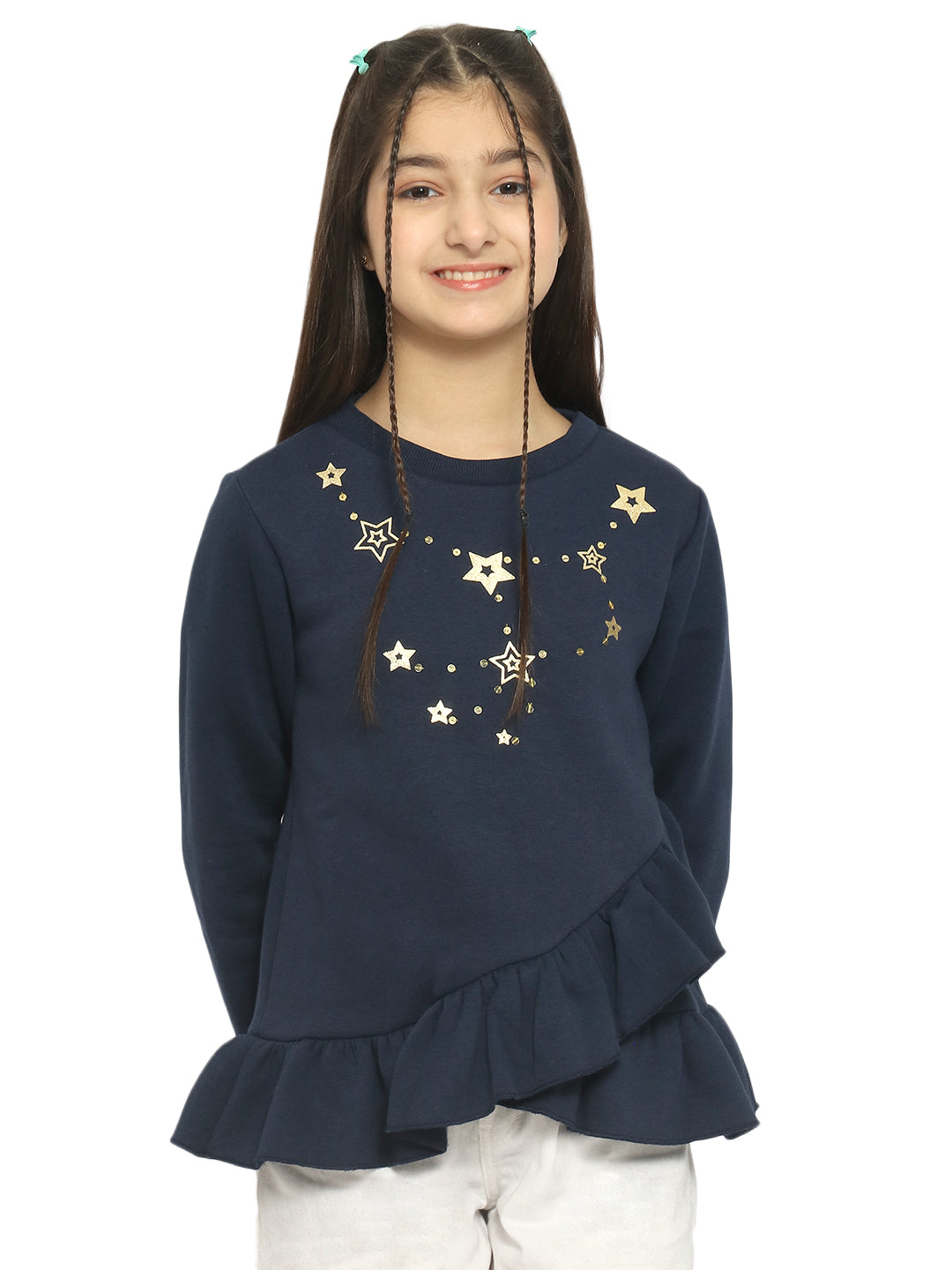 Natilene Girls Navy Blue Graphic Printed Sweatshirt