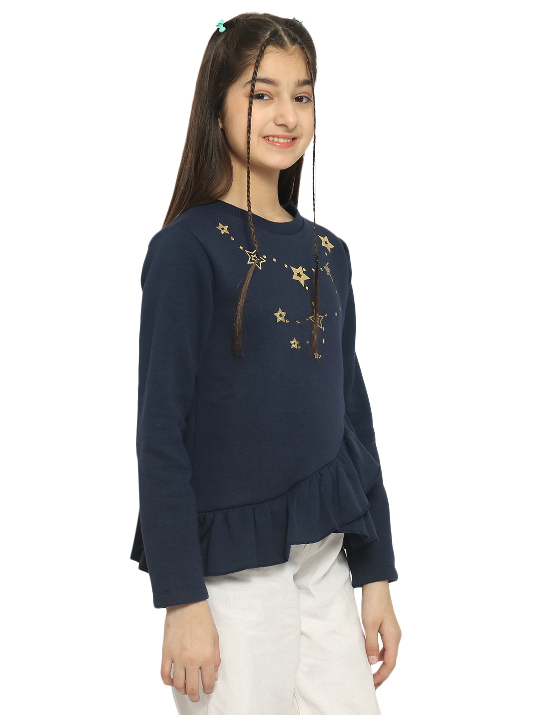 Natilene Girls Navy Blue Graphic Printed Sweatshirt