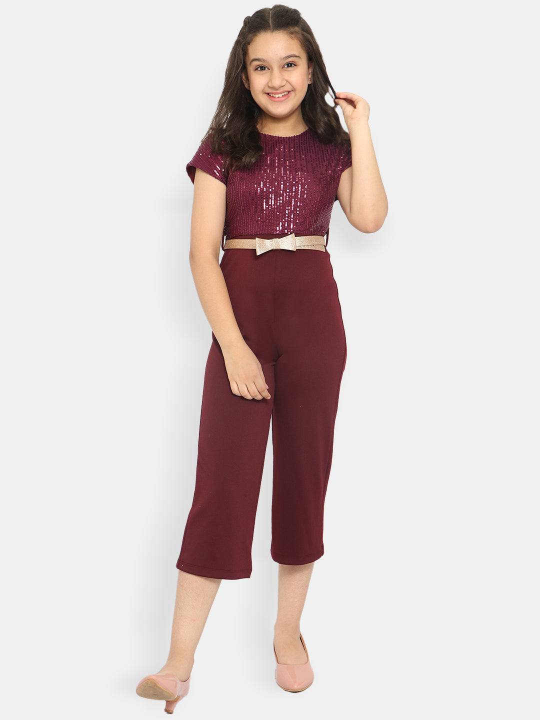 Natilene Girls Burgundy Gold-Toned Capri Jumpsuit With Embellished