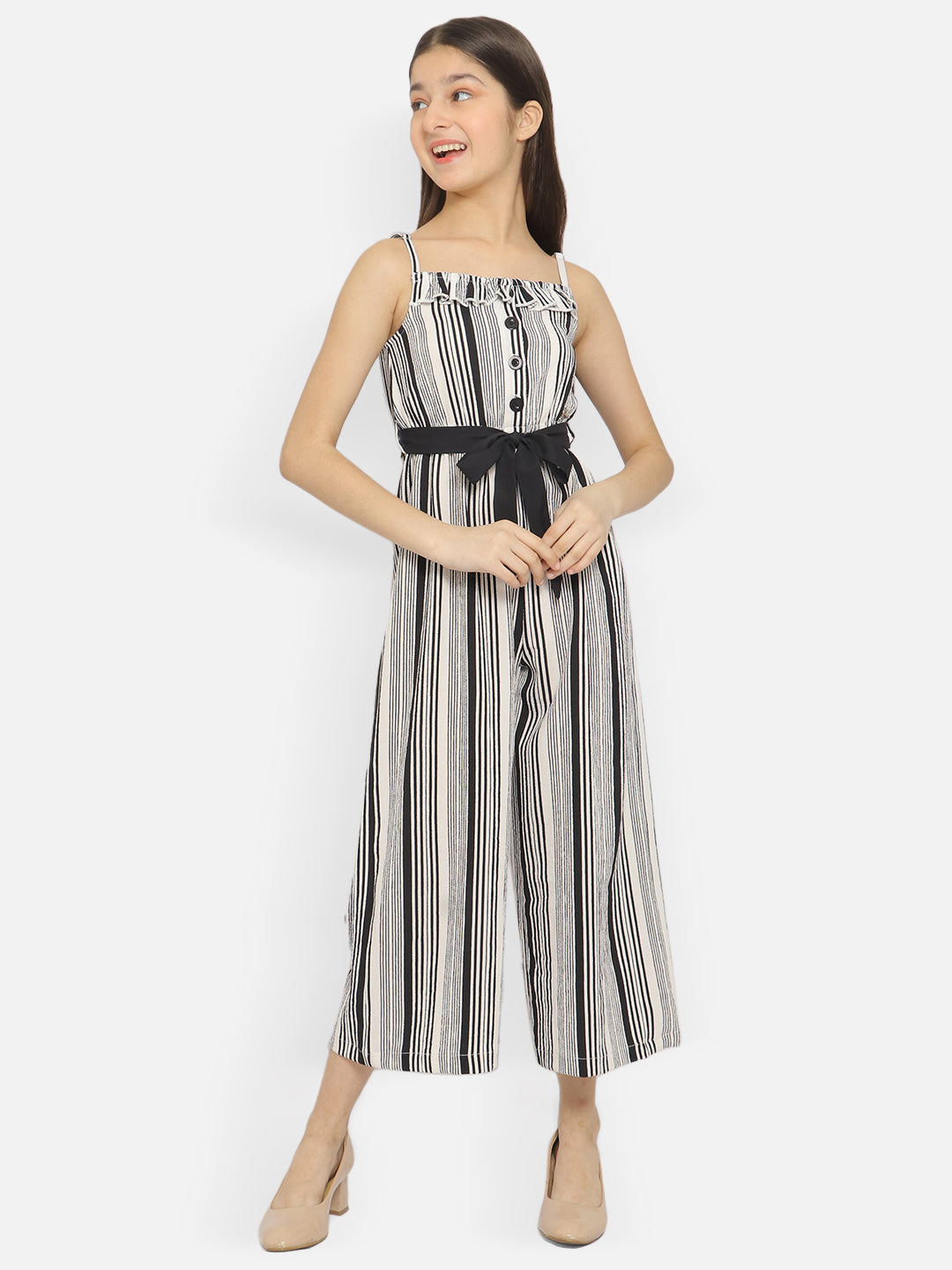 Natilene Girls Striped Shoulder-Strap Basic Jumpsuit With Waist Tie-Ups