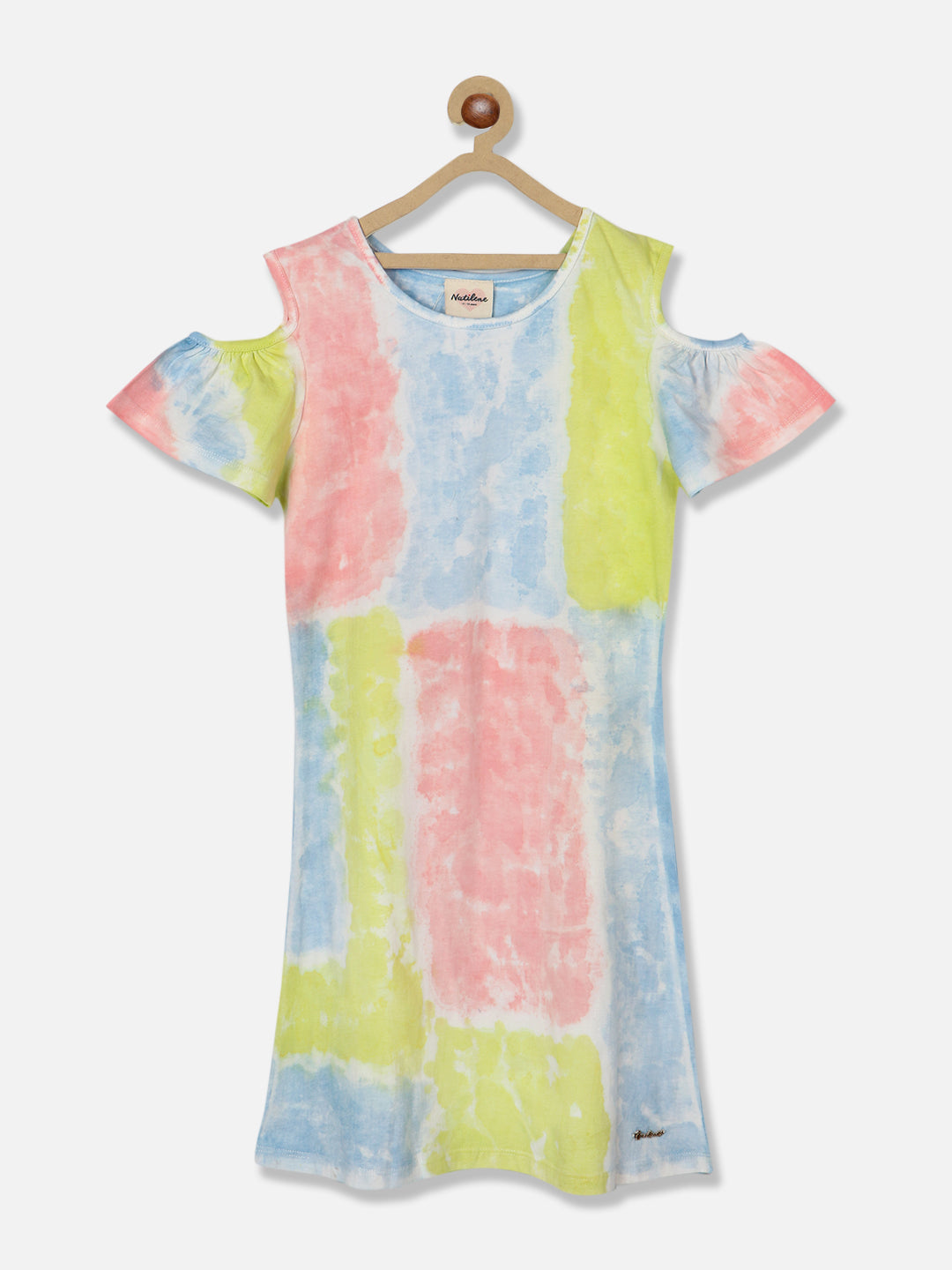 Natilene Girls Tie Dye Cold-Shoulder Sleeves Pure Cotton A-Line Dress