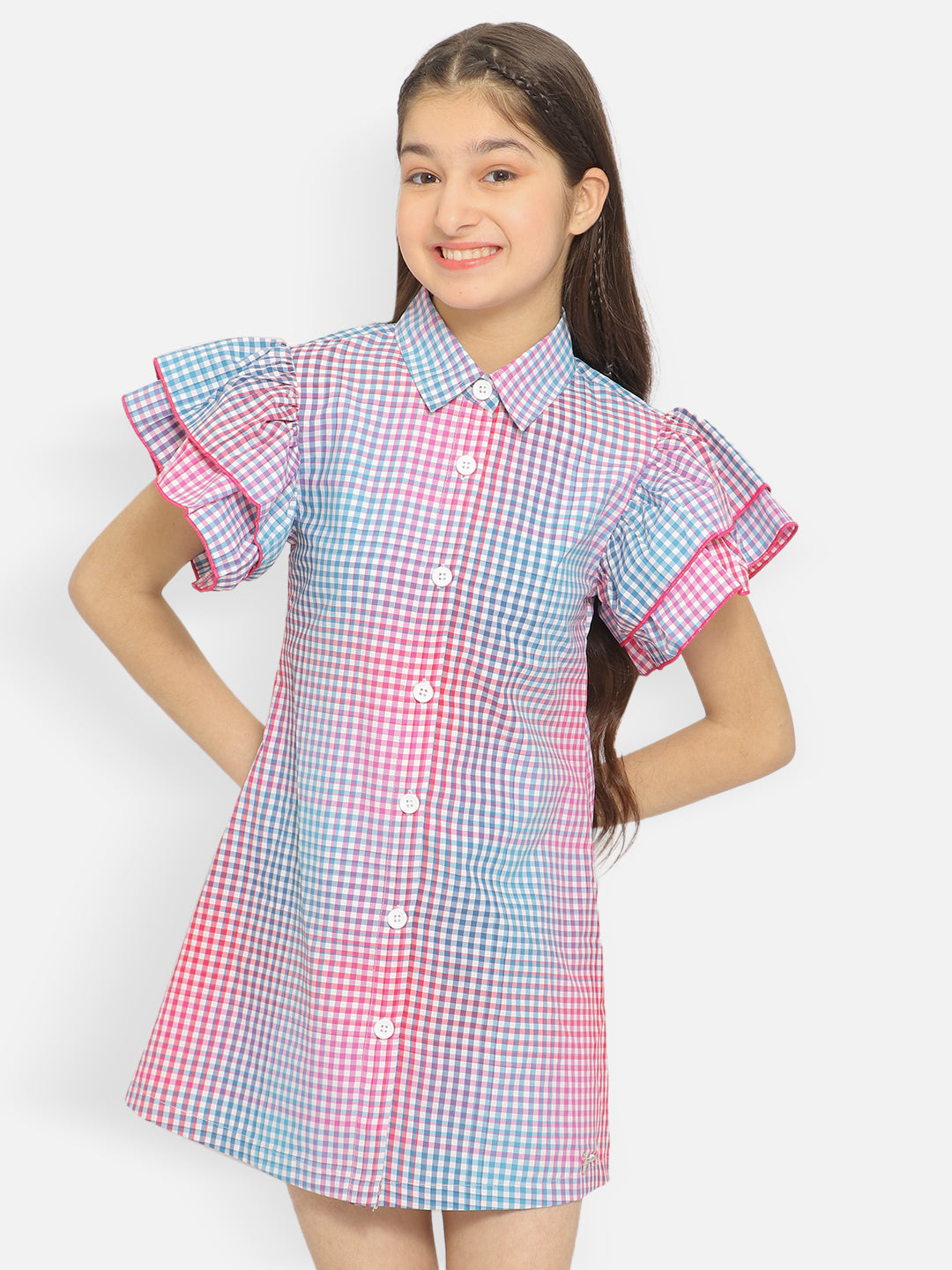Natilene Girls Checked Flutter Sleeves Shirt Dress