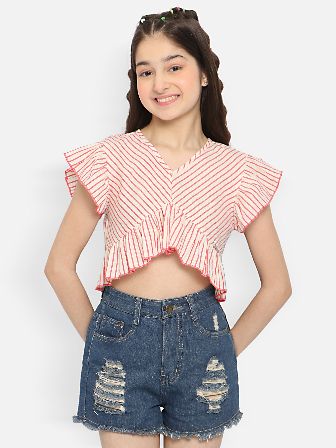 Natilene Girls Striped V-Neck Flutter Sleeves Pure Cotton Crop Top
