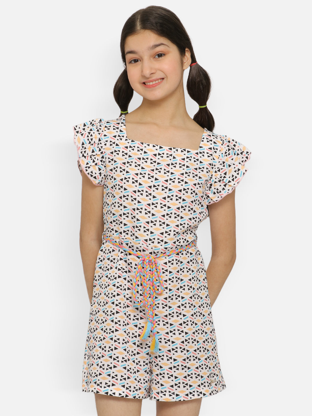 Natilene Girls Abstract Printed Casual Playsuit With Waist Tie-Ups