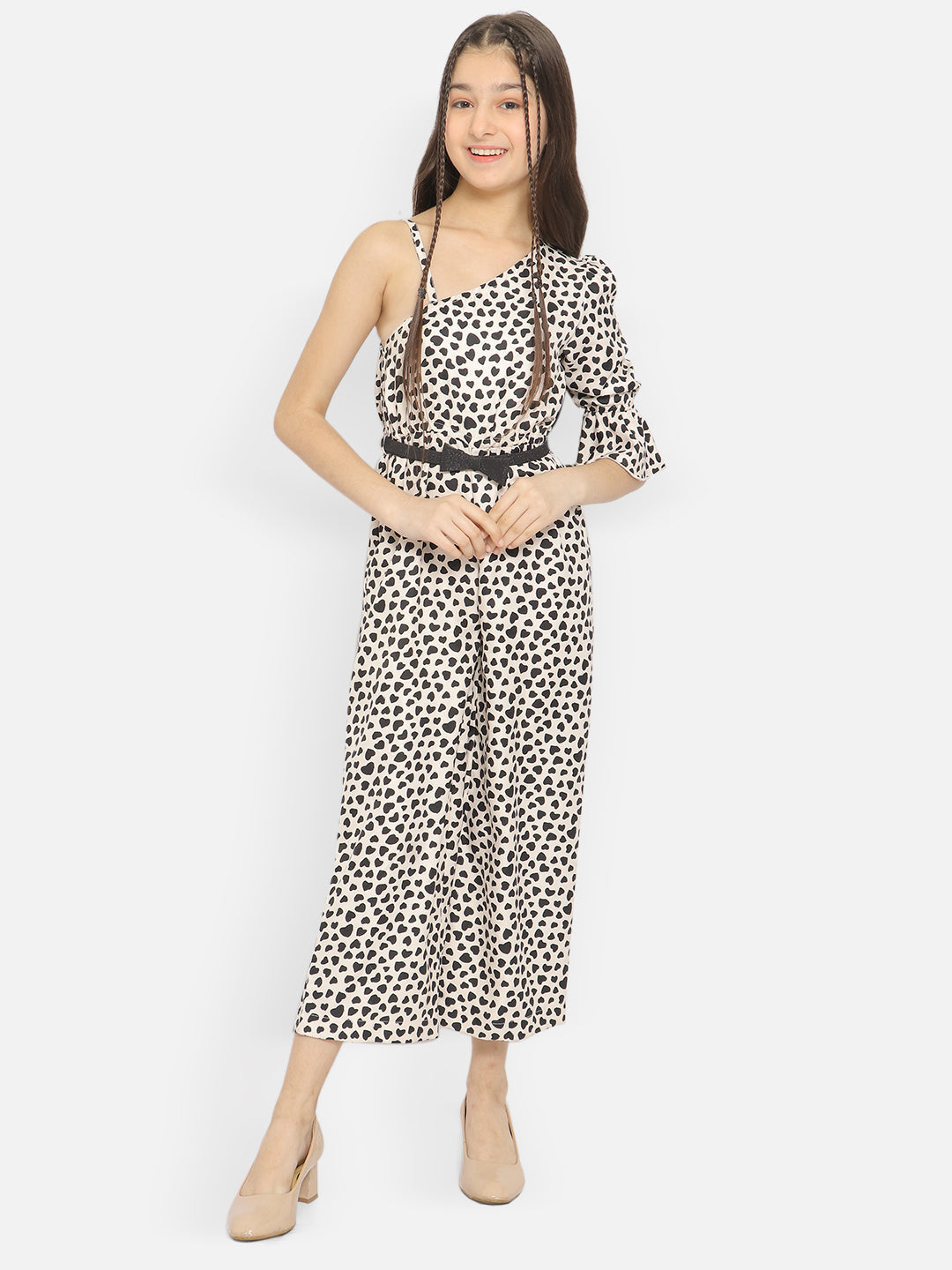 Natilene Girls Printed One-Shoulder Basic Jumpsuit With Waist Belt