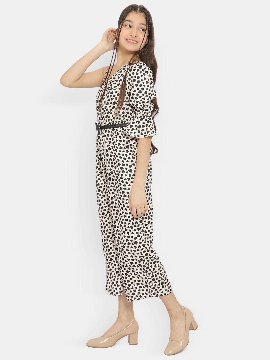 Natilene Girls Printed One-Shoulder Basic Jumpsuit With Waist Belt