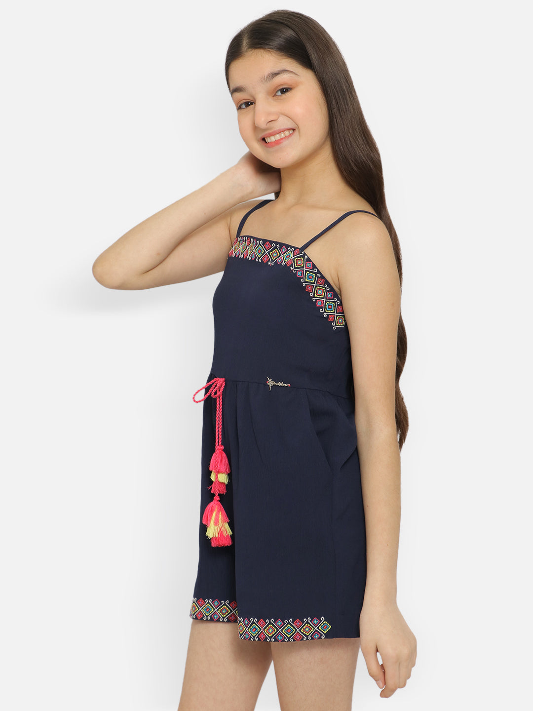 Natilene Girls Shoulder Straps Waist Tie Ups Playsuit Jumpsuit