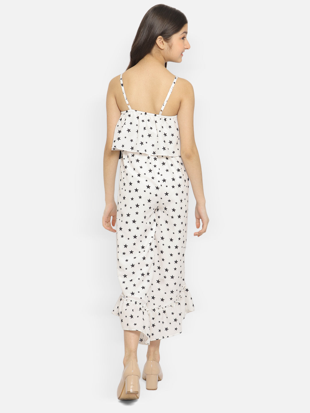 Natilene Girls Printed Shoulder Strap Basic Jumpsuit With Tassel Details