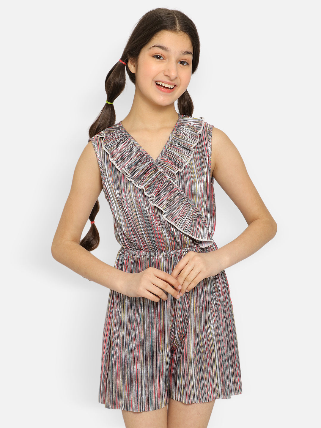 Natilene Girls Striped V Neck Sleeveless Ruffles Playsuit
