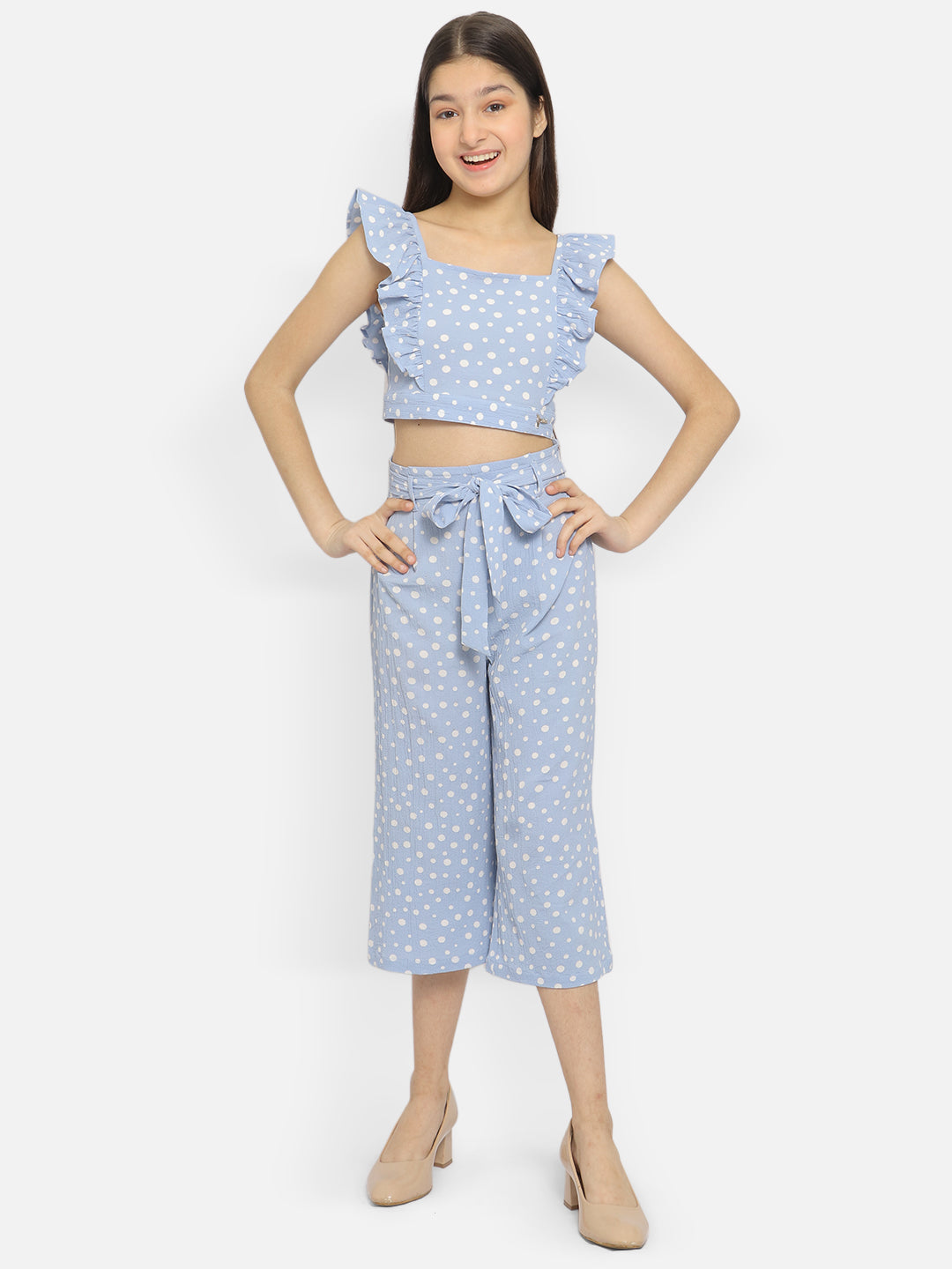Natilene Girls Polka Dots Printed Ruffled Crop Top Capris With Waist Tie-Ups