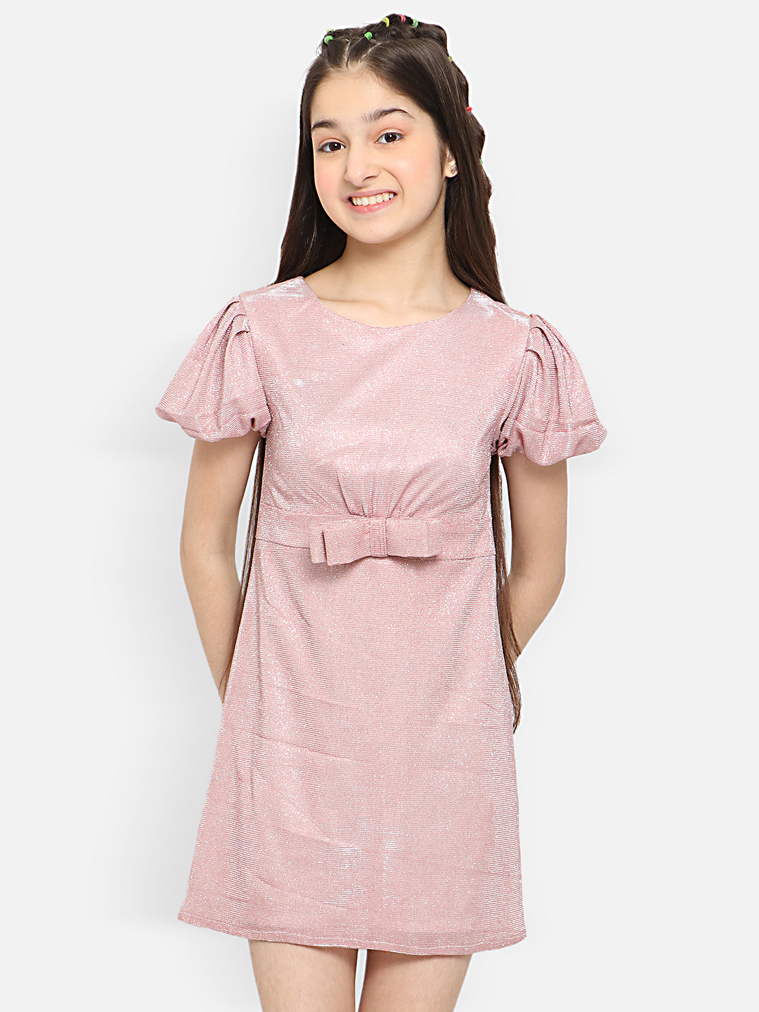 Natilene Girls Puff Sleeves A-Line Dress With Bow