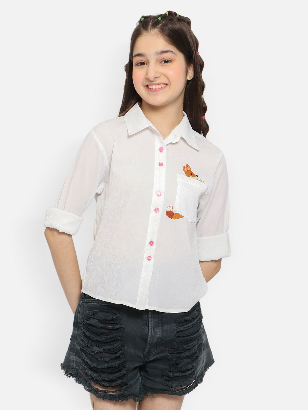 Natilene Girls Standard Fit Self Designed And Embroidered Opaque Casual Shirt