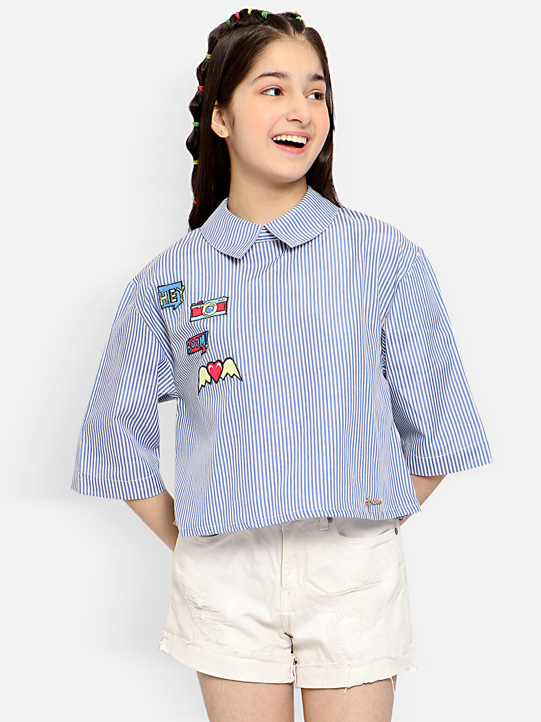 Natilene Girls Striped Peter Pan Collar Applique Pure Cotton Crop Top