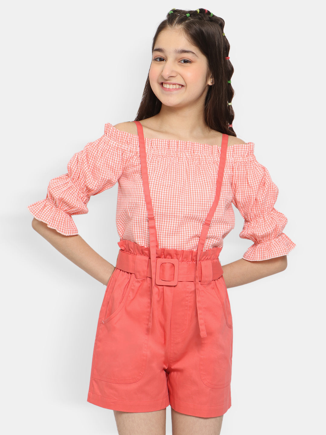 Natilene Girls Checked Pure Cotton Top With Shorts