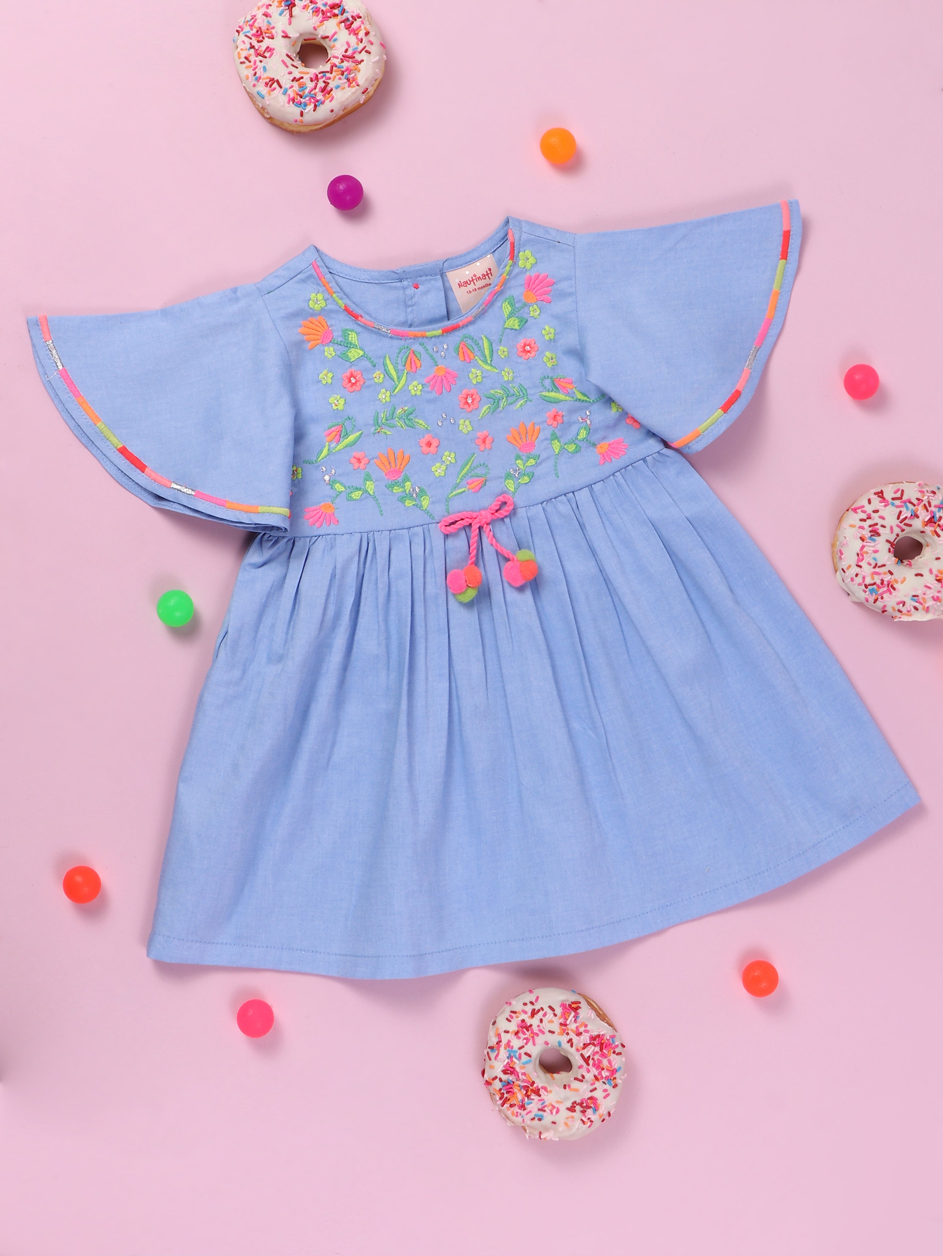 Nautinati Girls Blue Floral Embroidered A-Line Dress