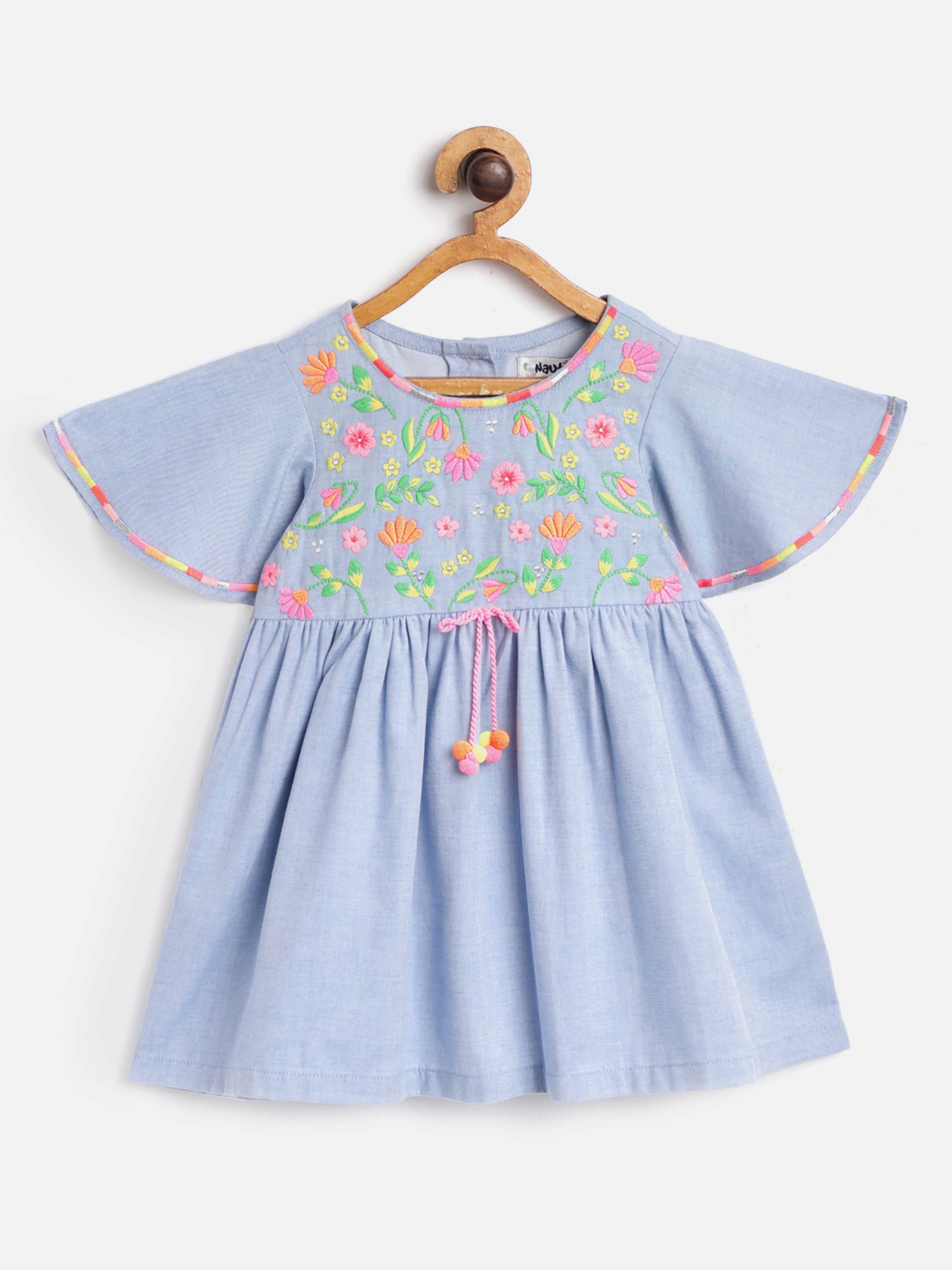 Nautinati Girls Blue Floral Embroidered A-Line Dress